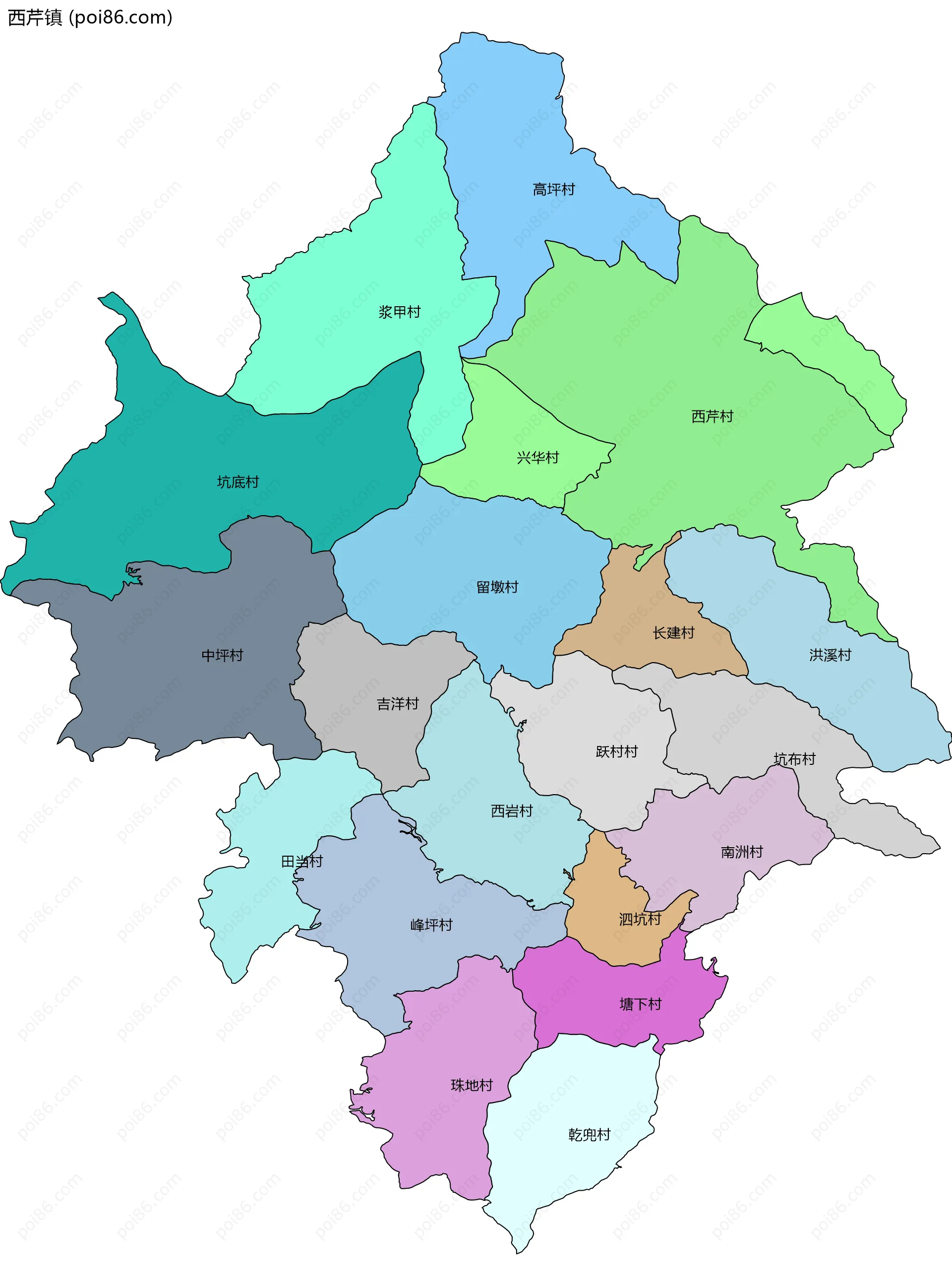 西芹镇边界地图(五级行政区划)