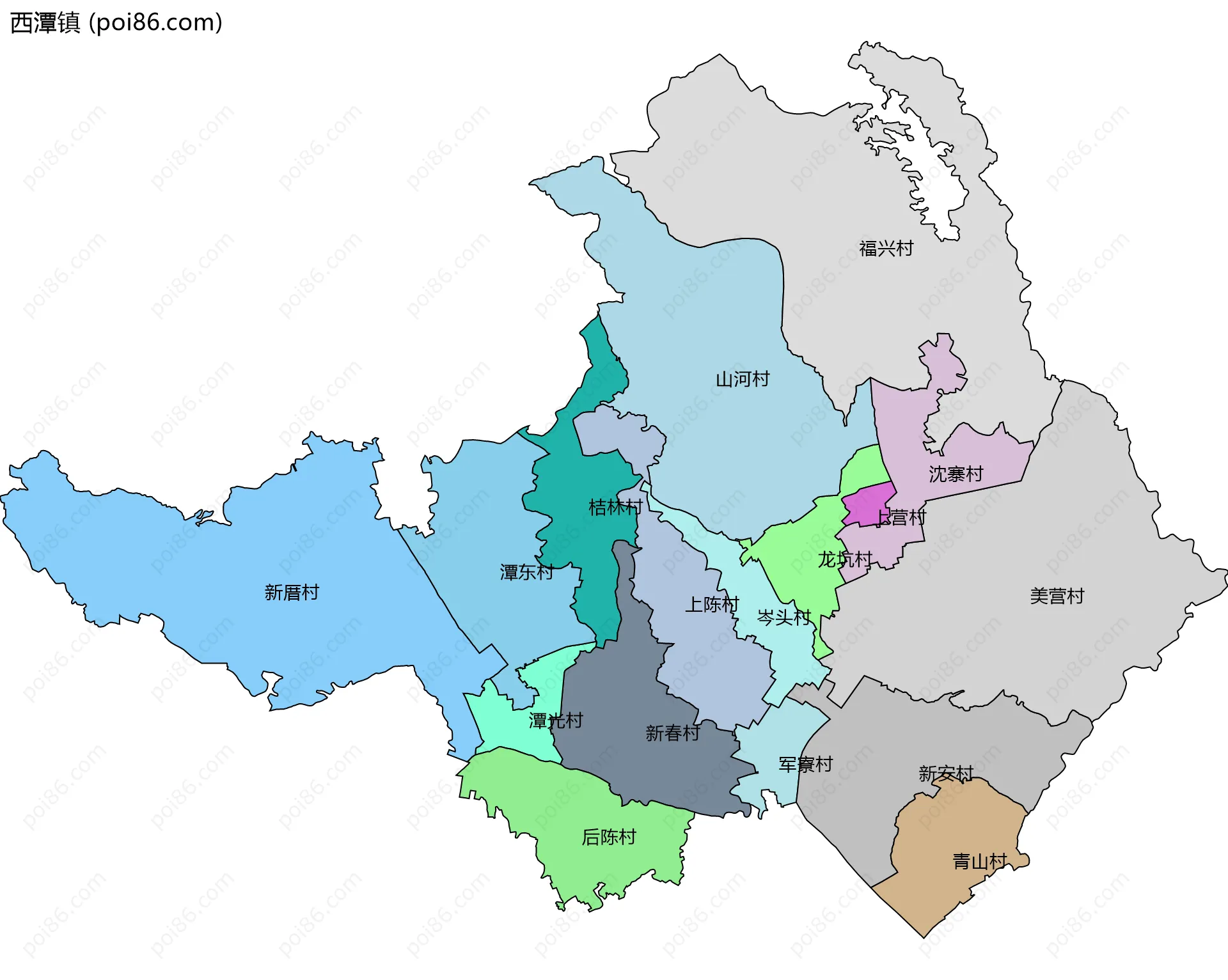 西潭镇边界地图(五级行政区划)