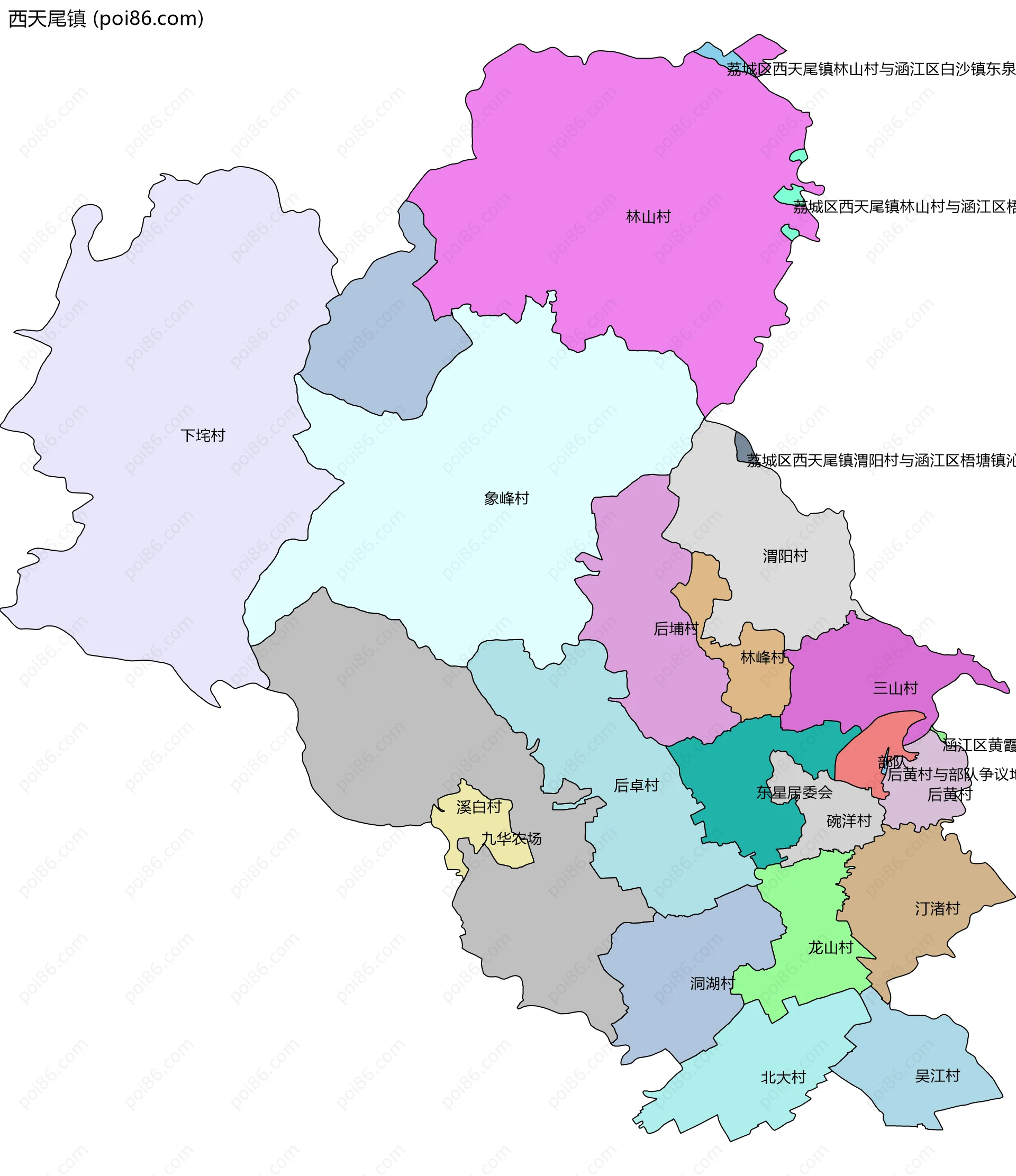 西天尾镇边界地图(五级行政区划)