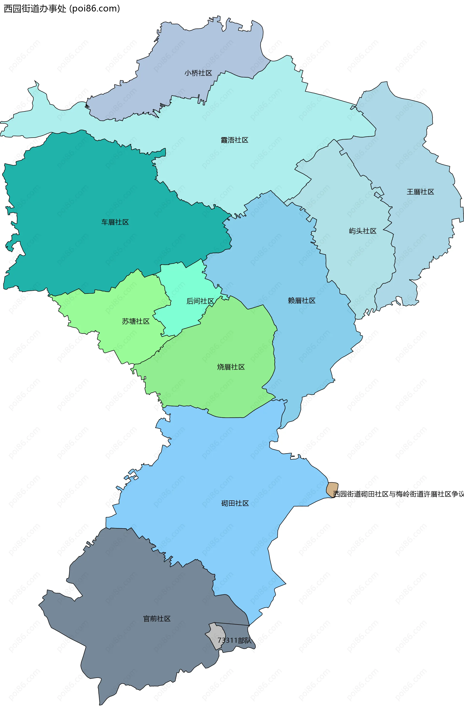 西园街道办事处边界地图(五级行政区划)