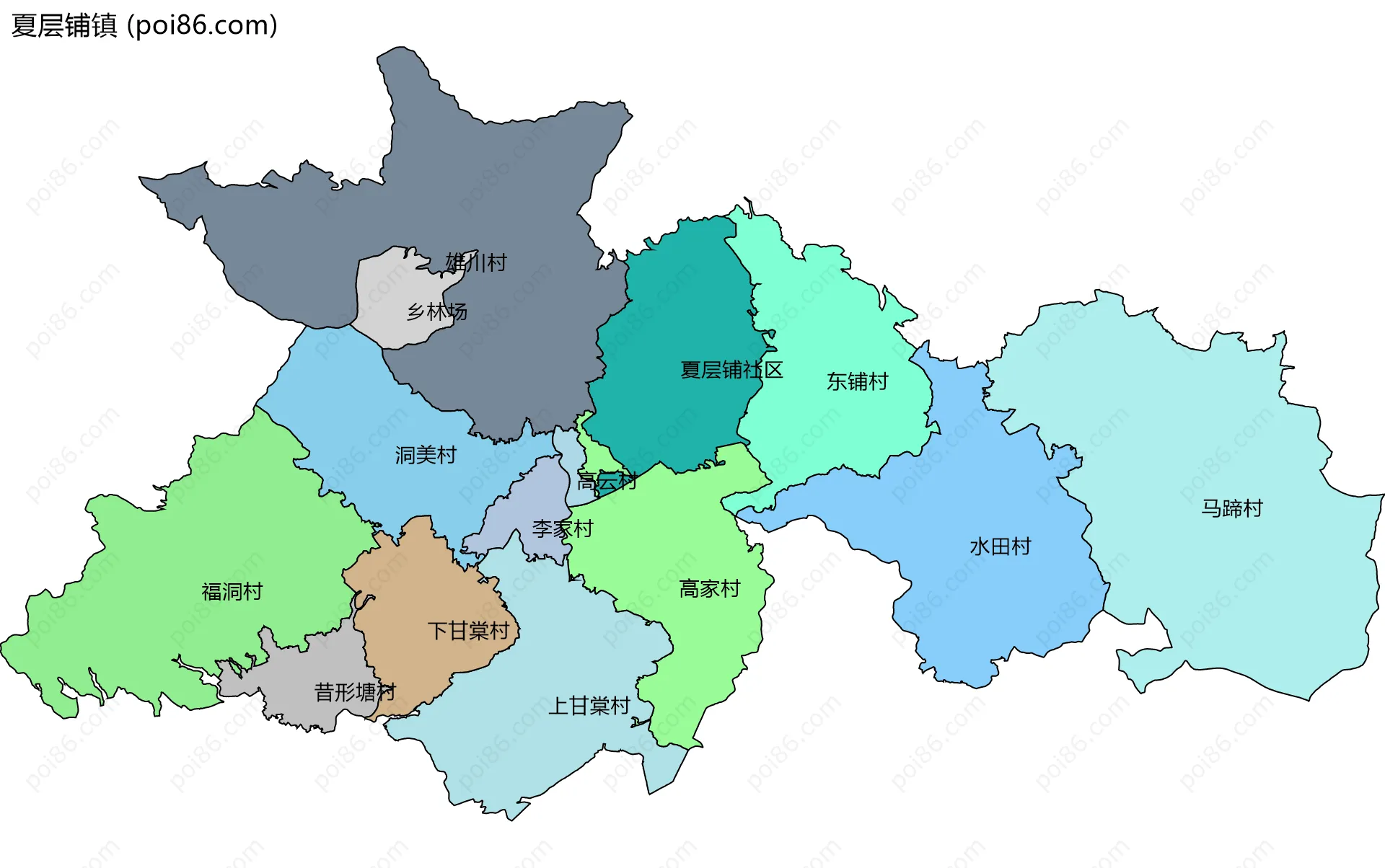 夏层铺镇边界地图(五级行政区划)