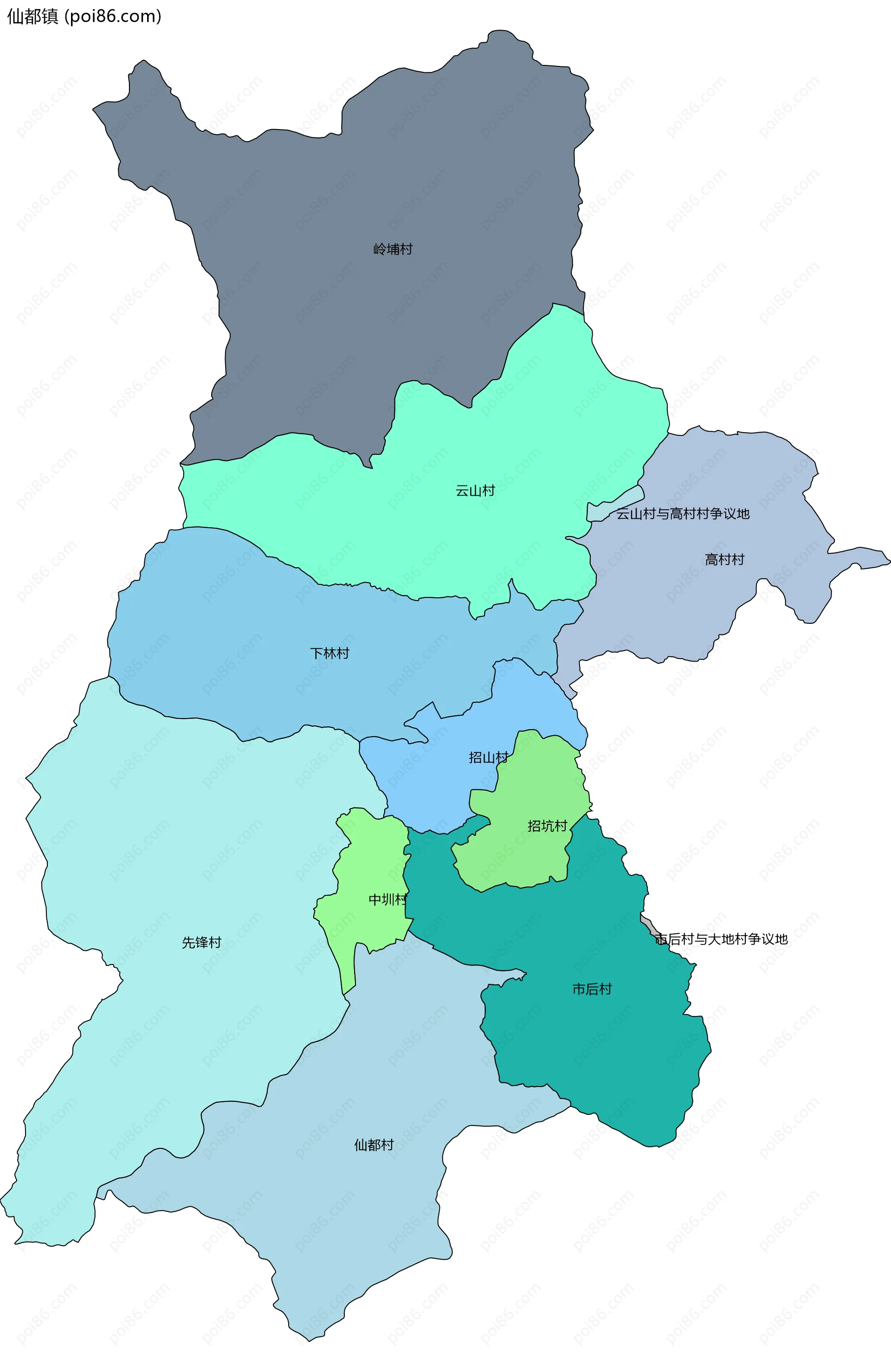 仙都镇边界地图(五级行政区划)