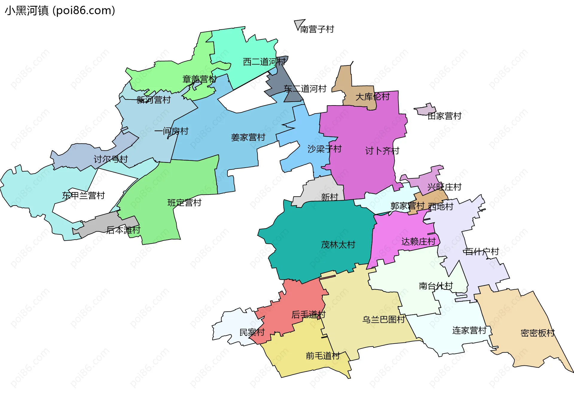 小黑河镇边界地图(五级行政区划)