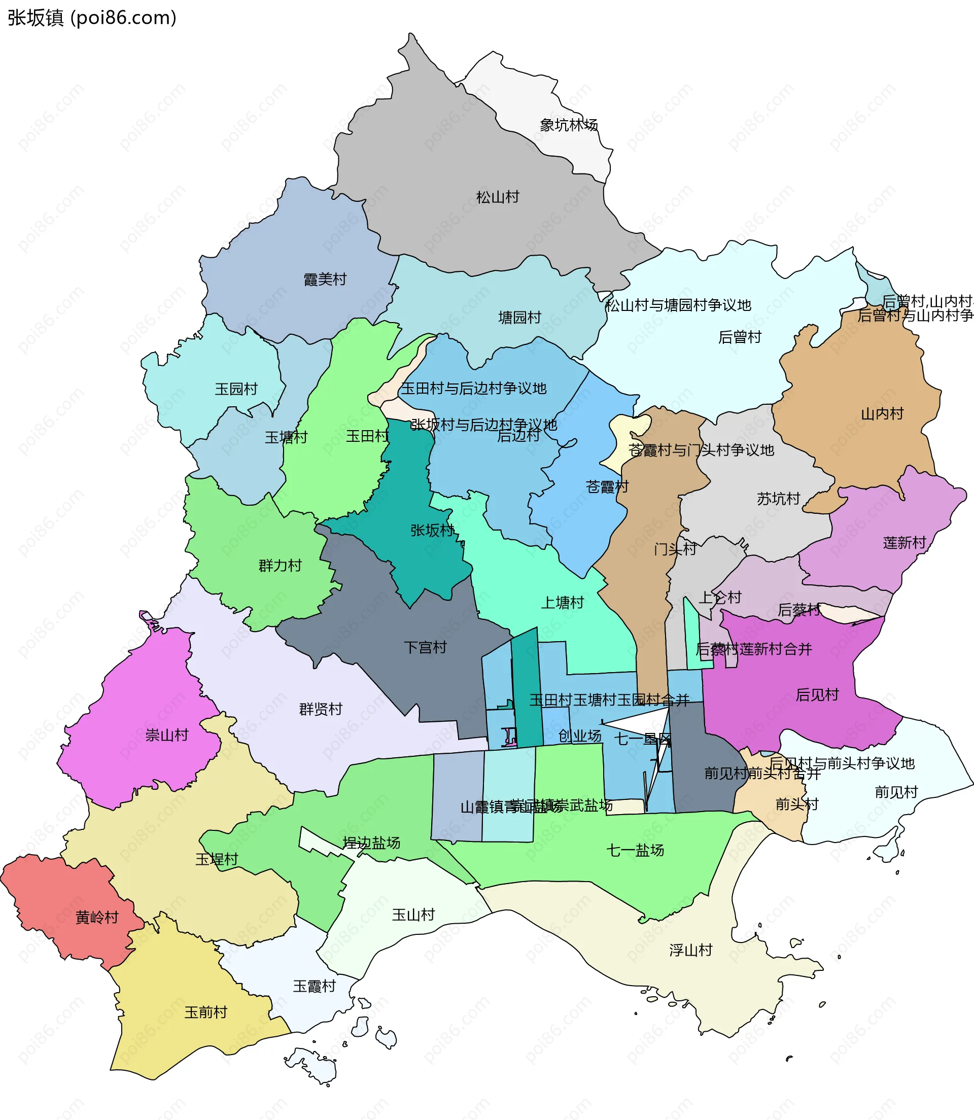张坂镇边界地图(五级行政区划)