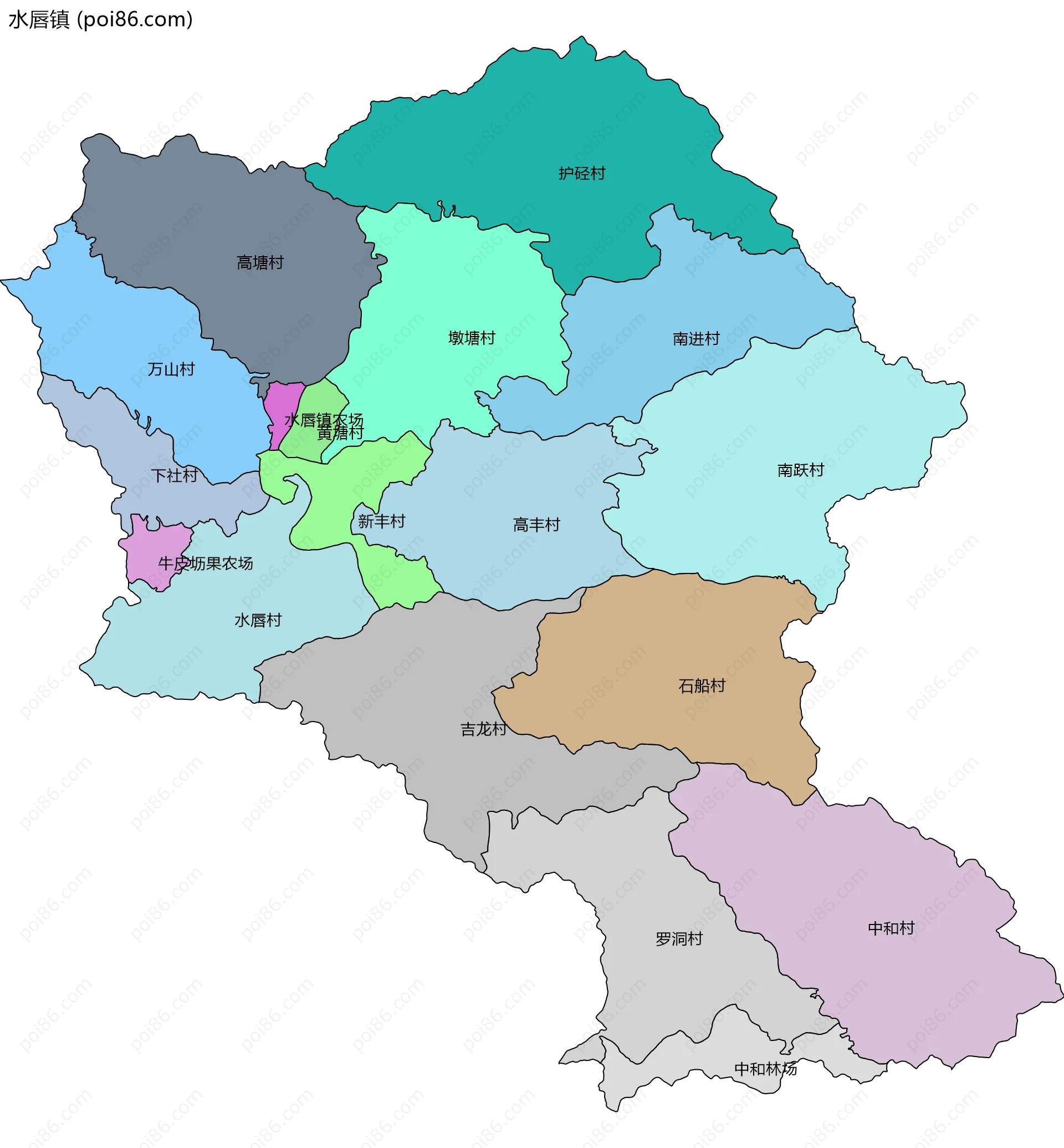水唇镇边界地图(五级行政区划)