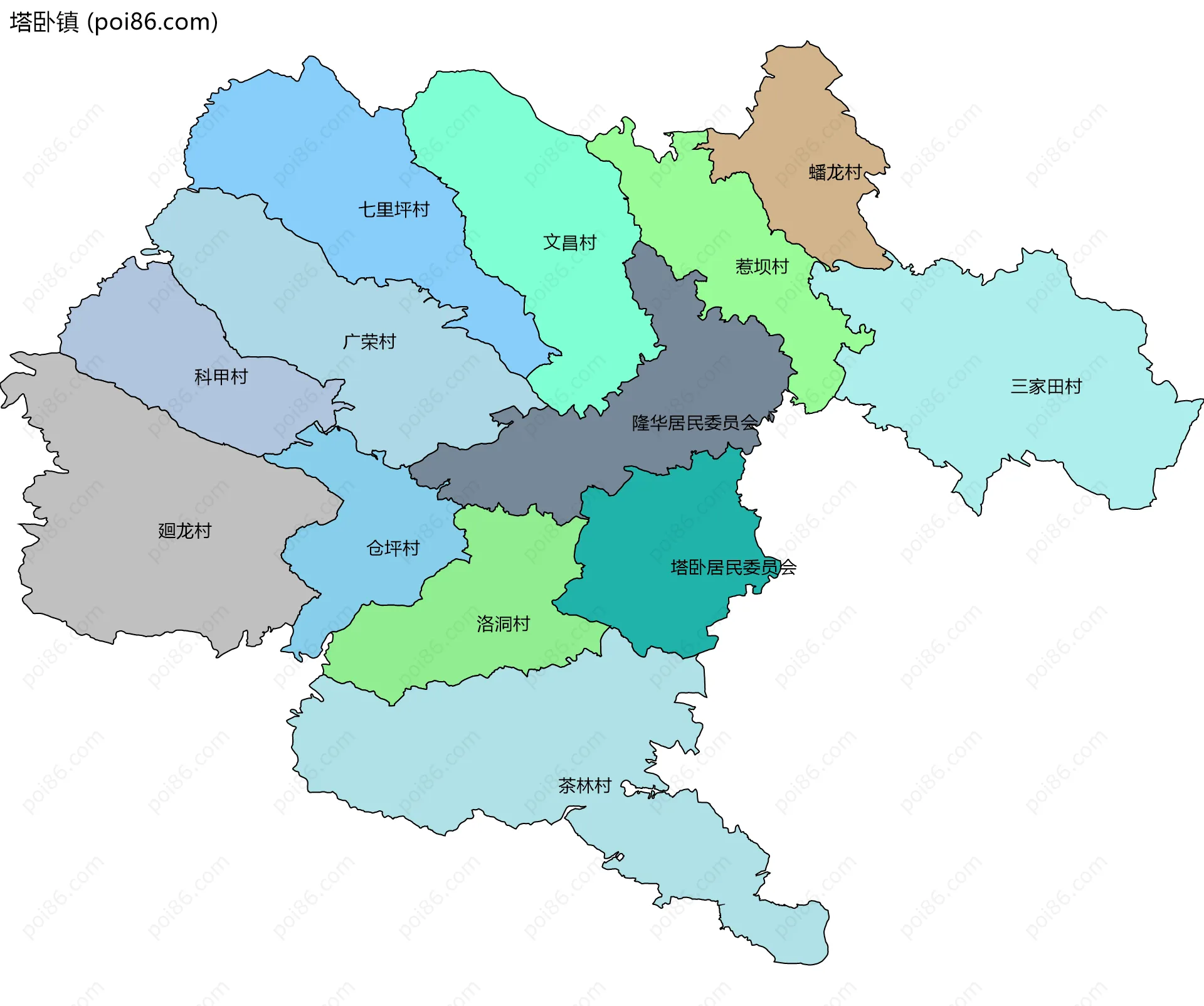 塔卧镇边界地图(五级行政区划)