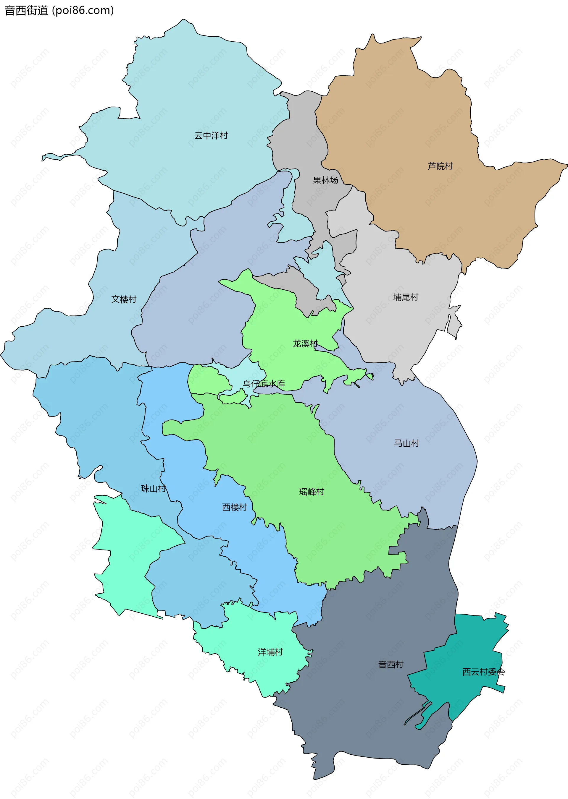 音西街道边界地图(五级行政区划)