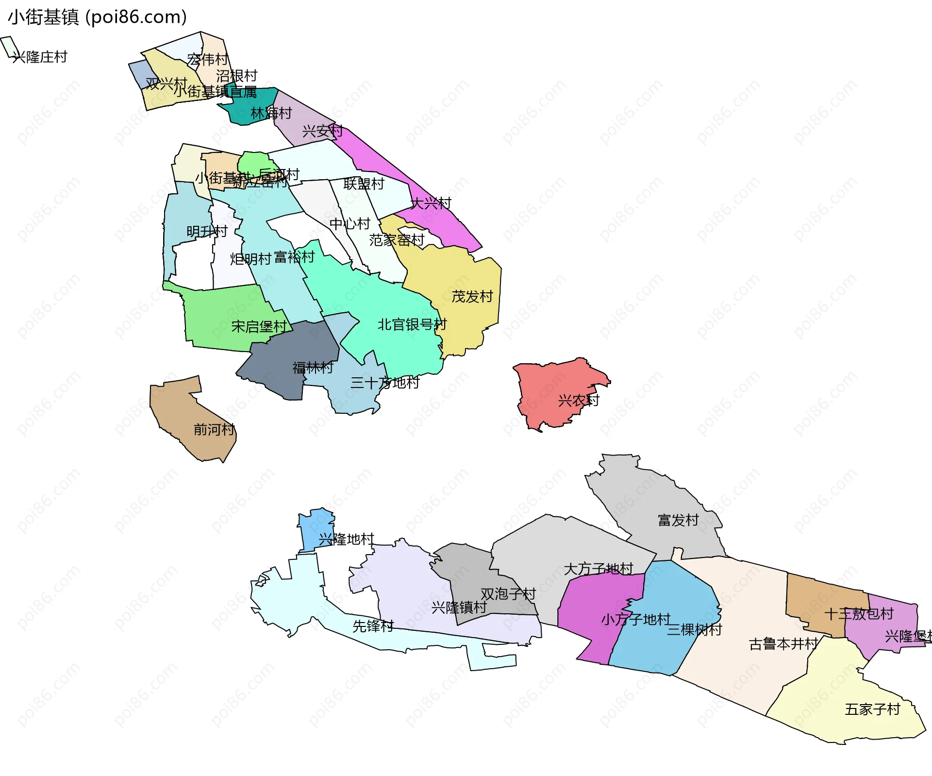 小街基镇边界地图(五级行政区划)