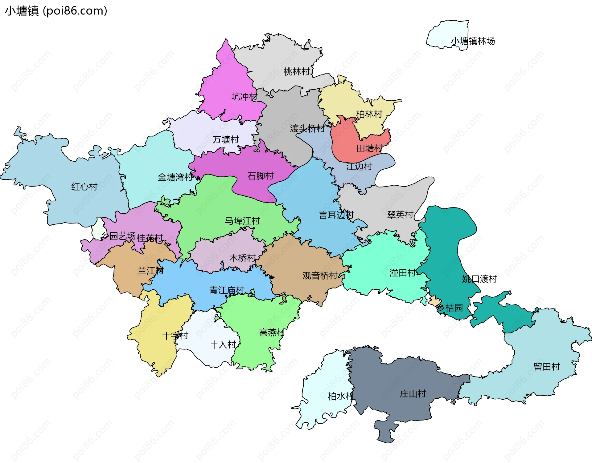 小塘镇边界地图(五级行政区划)