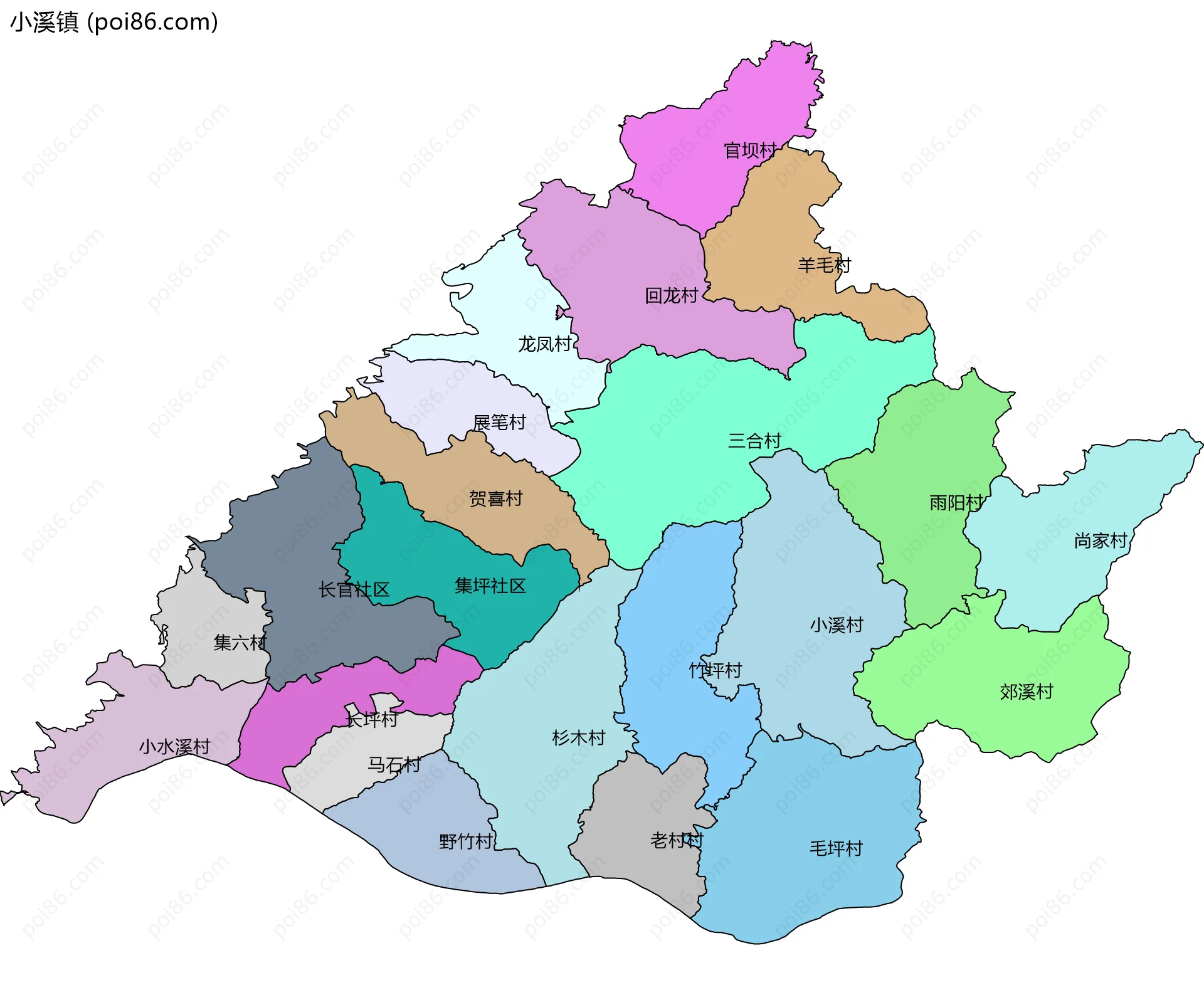 小溪镇边界地图(五级行政区划)