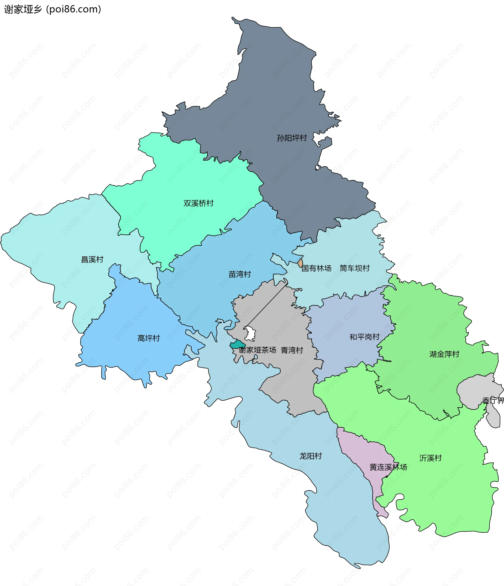 谢家垭乡边界地图(五级行政区划)