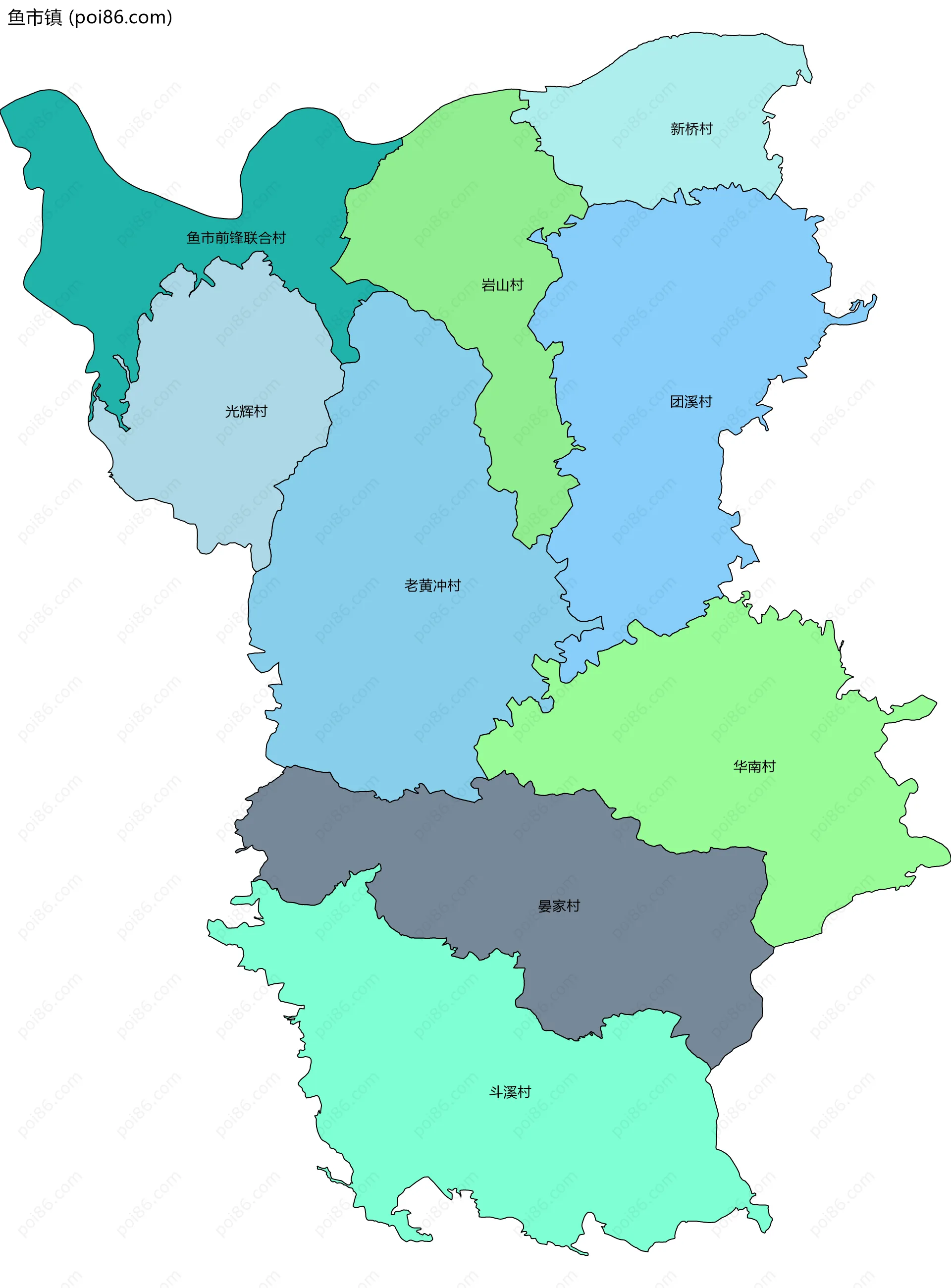 鱼市镇边界地图(五级行政区划)