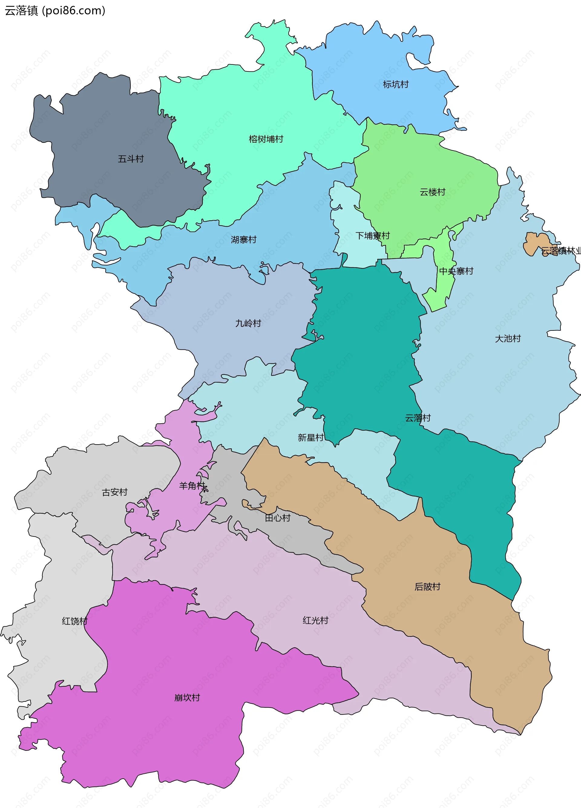 云落镇边界地图(五级行政区划)