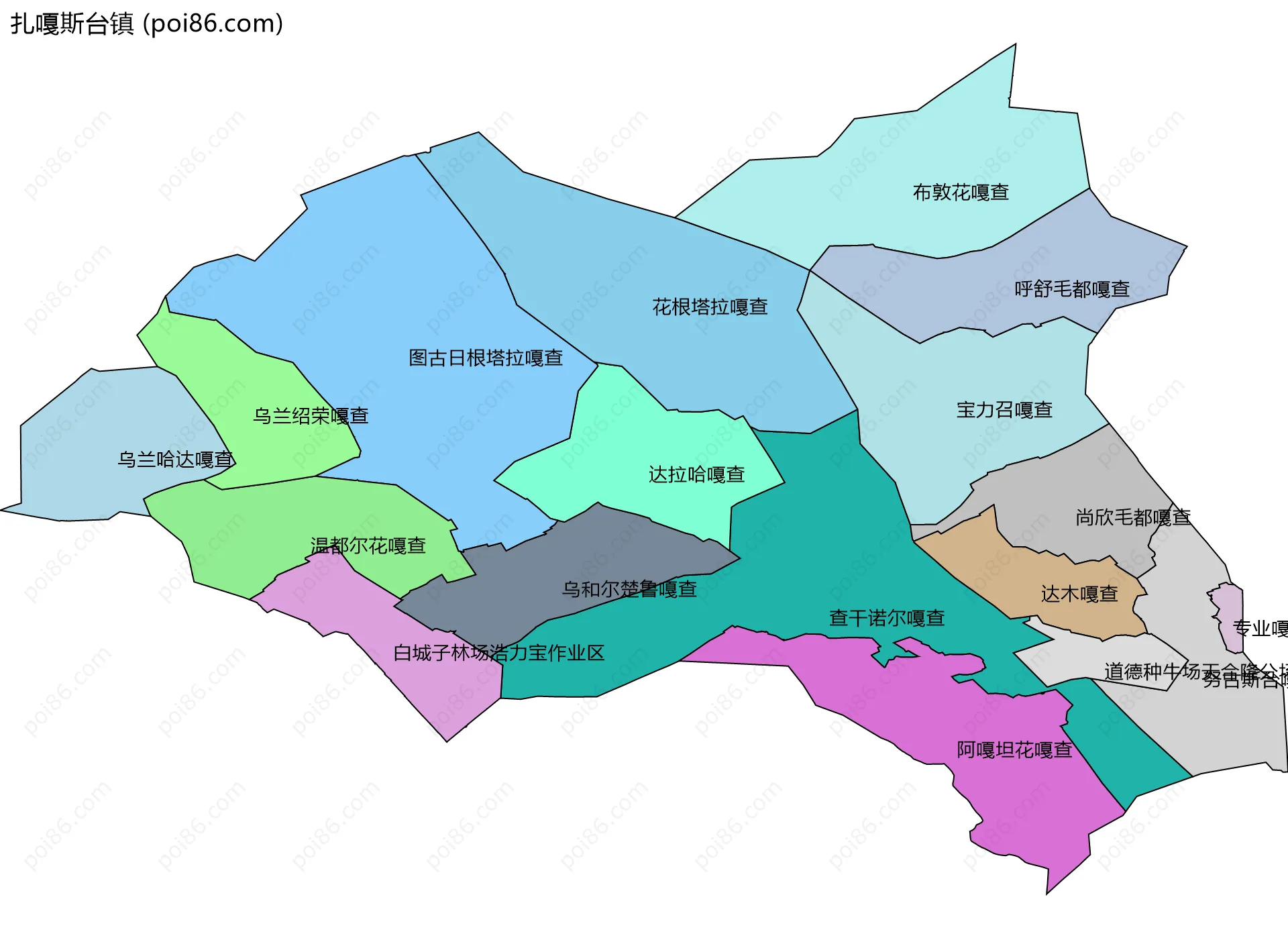 扎嘎斯台镇边界地图(五级行政区划)