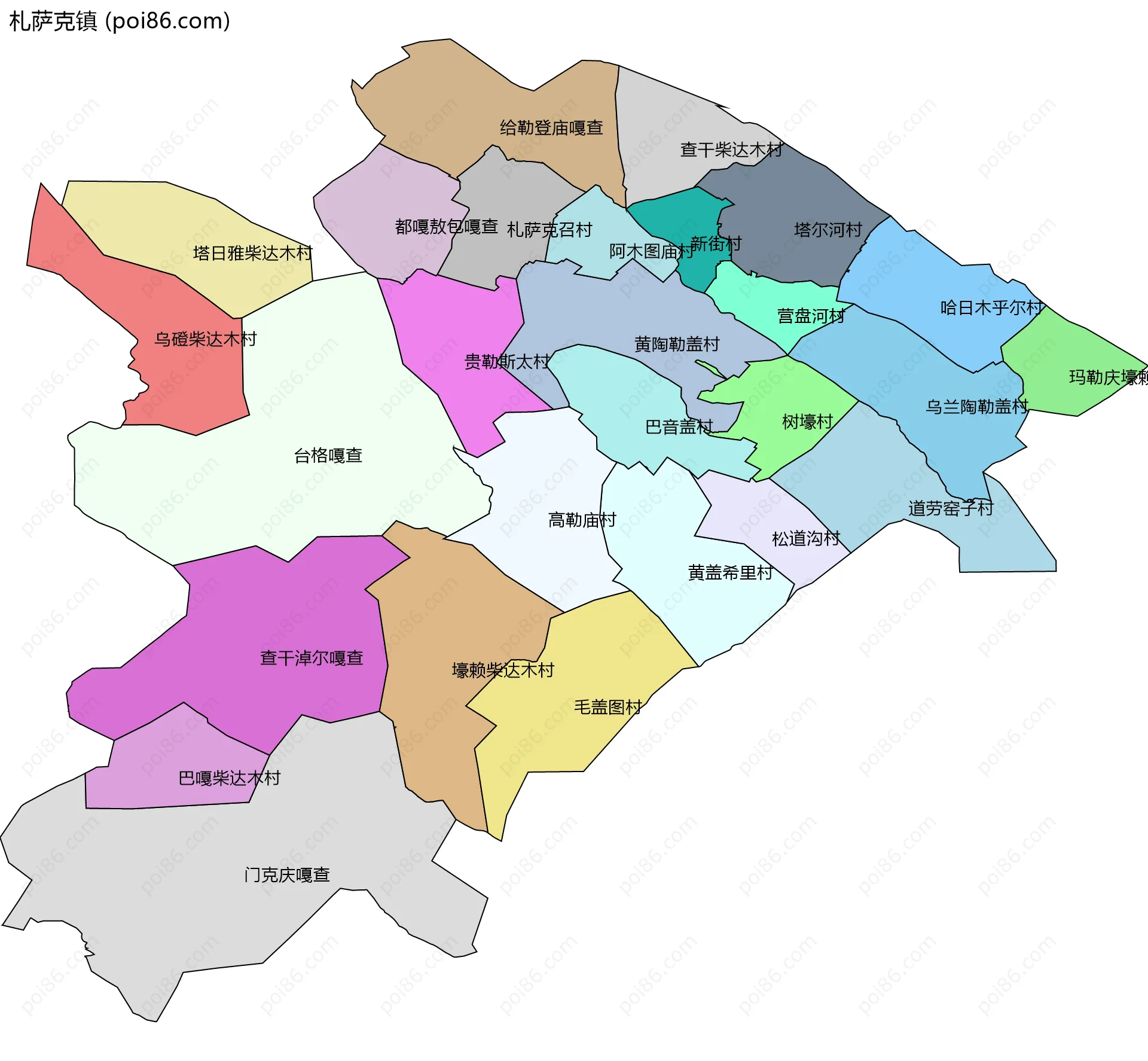 札萨克镇边界地图(五级行政区划)