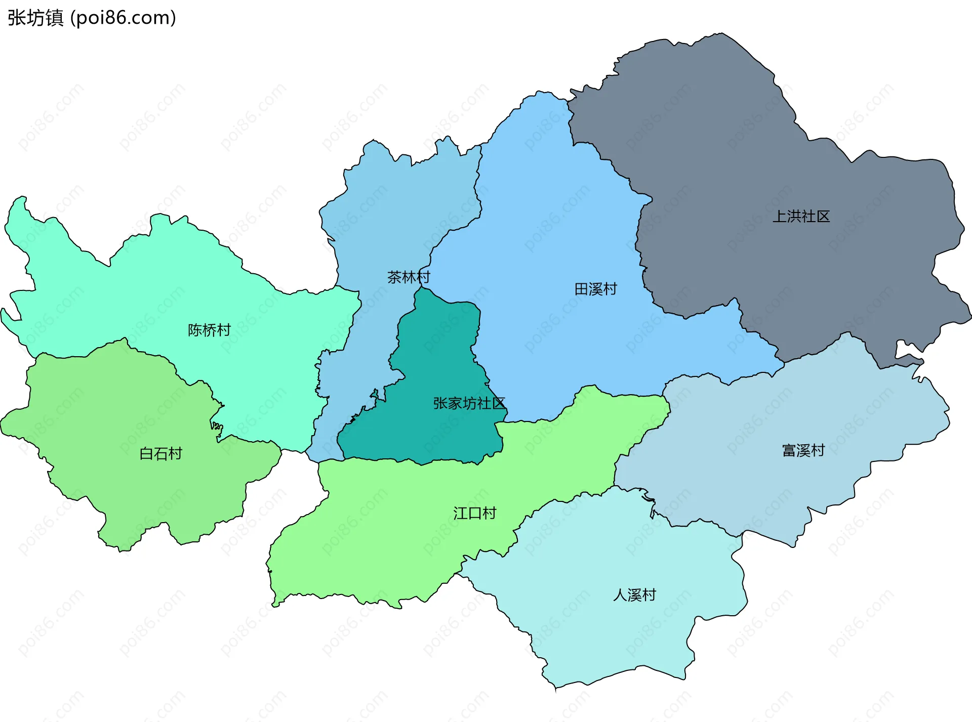 张坊镇边界地图(五级行政区划)