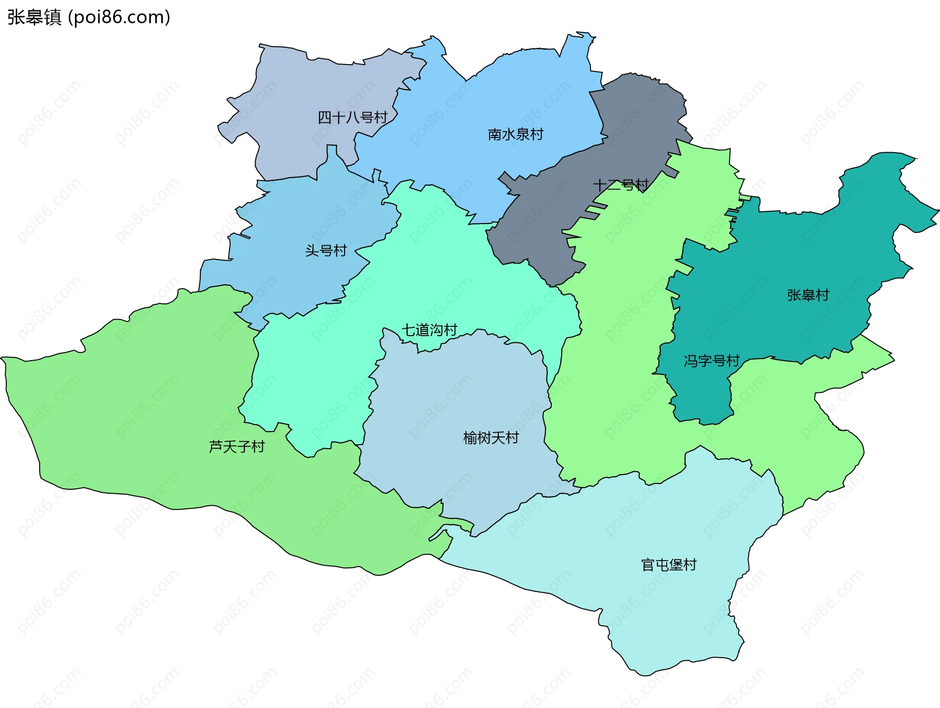 张皋镇边界地图(五级行政区划)