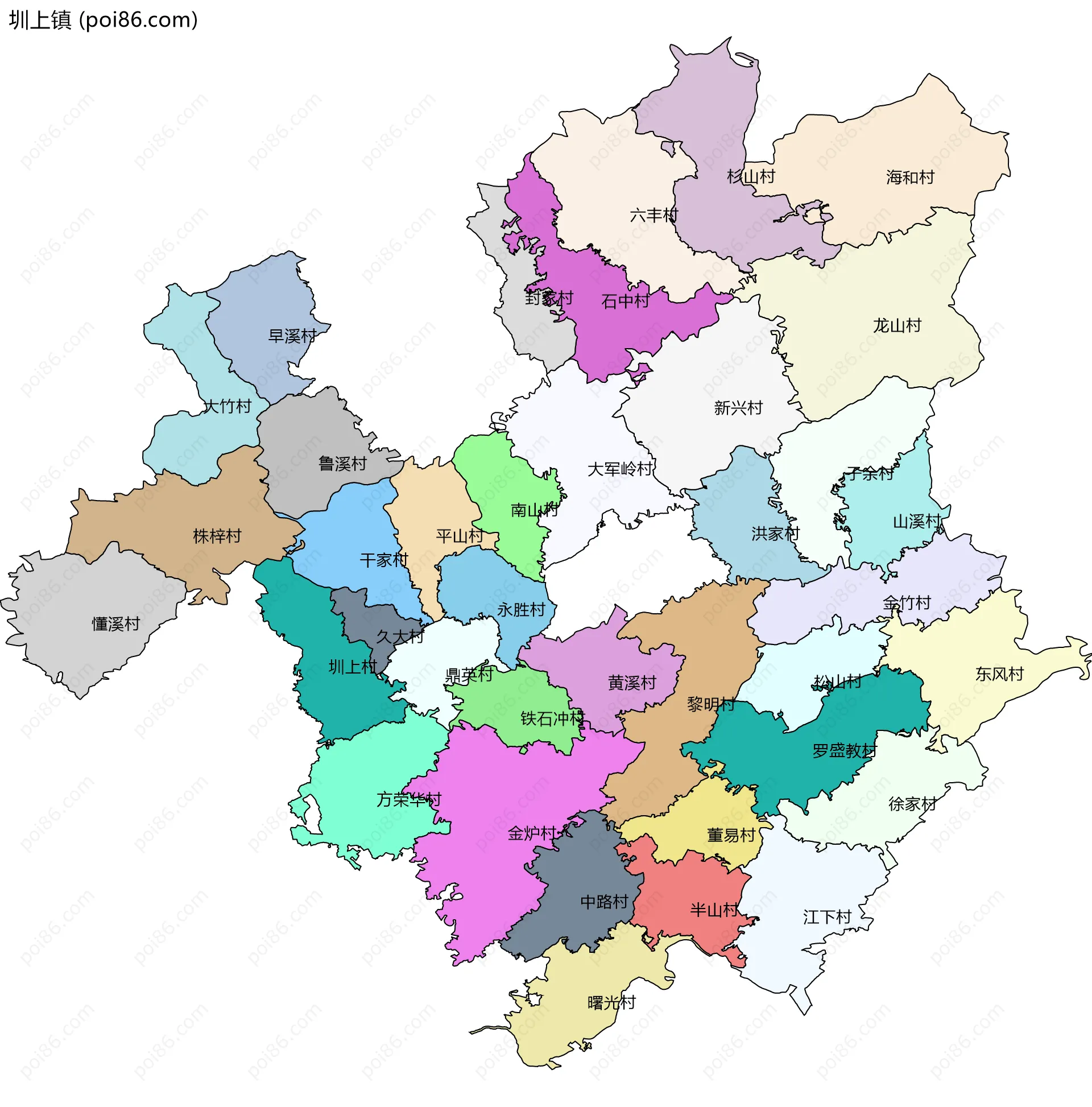 圳上镇边界地图(五级行政区划)