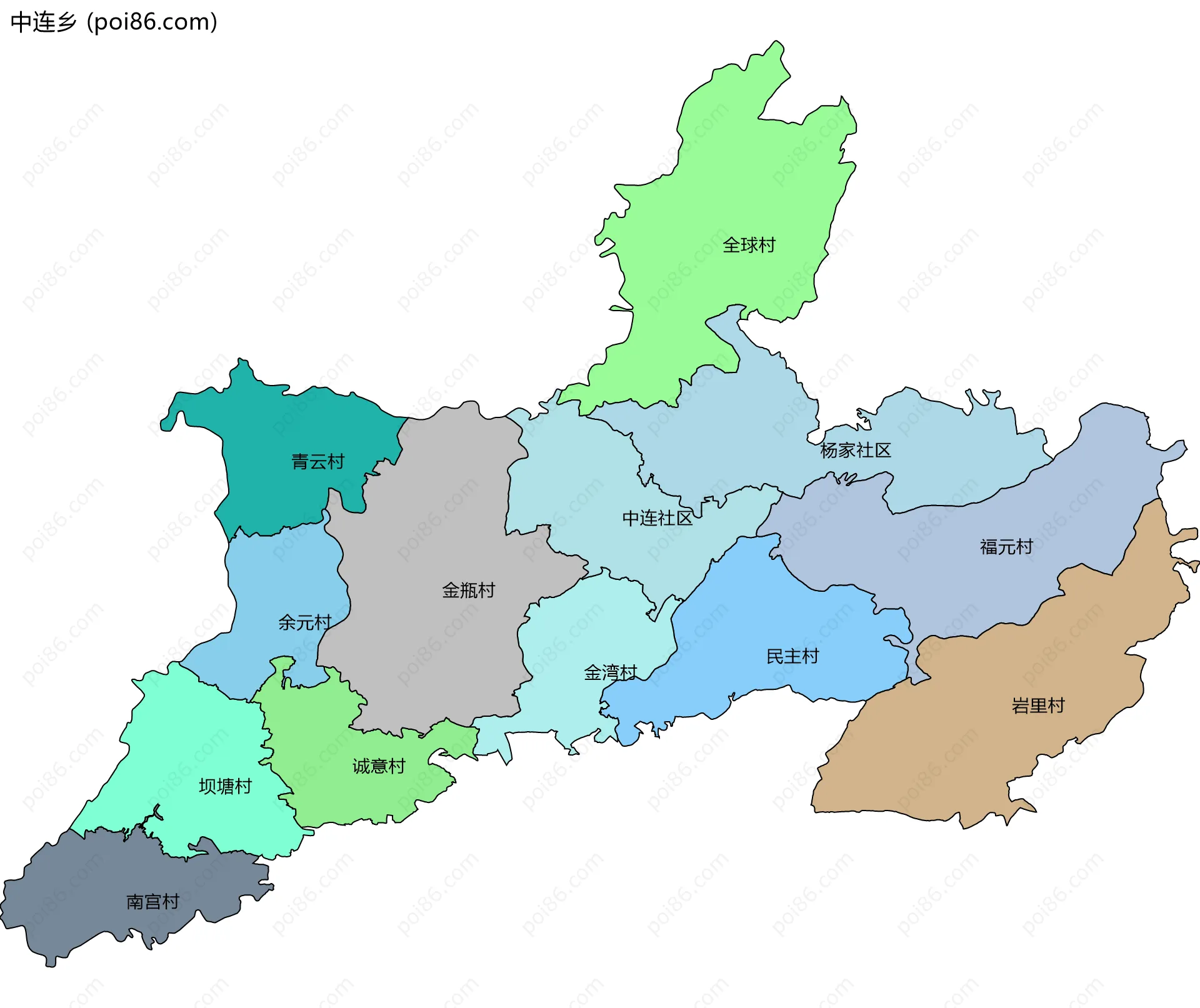 中连乡边界地图(五级行政区划)
