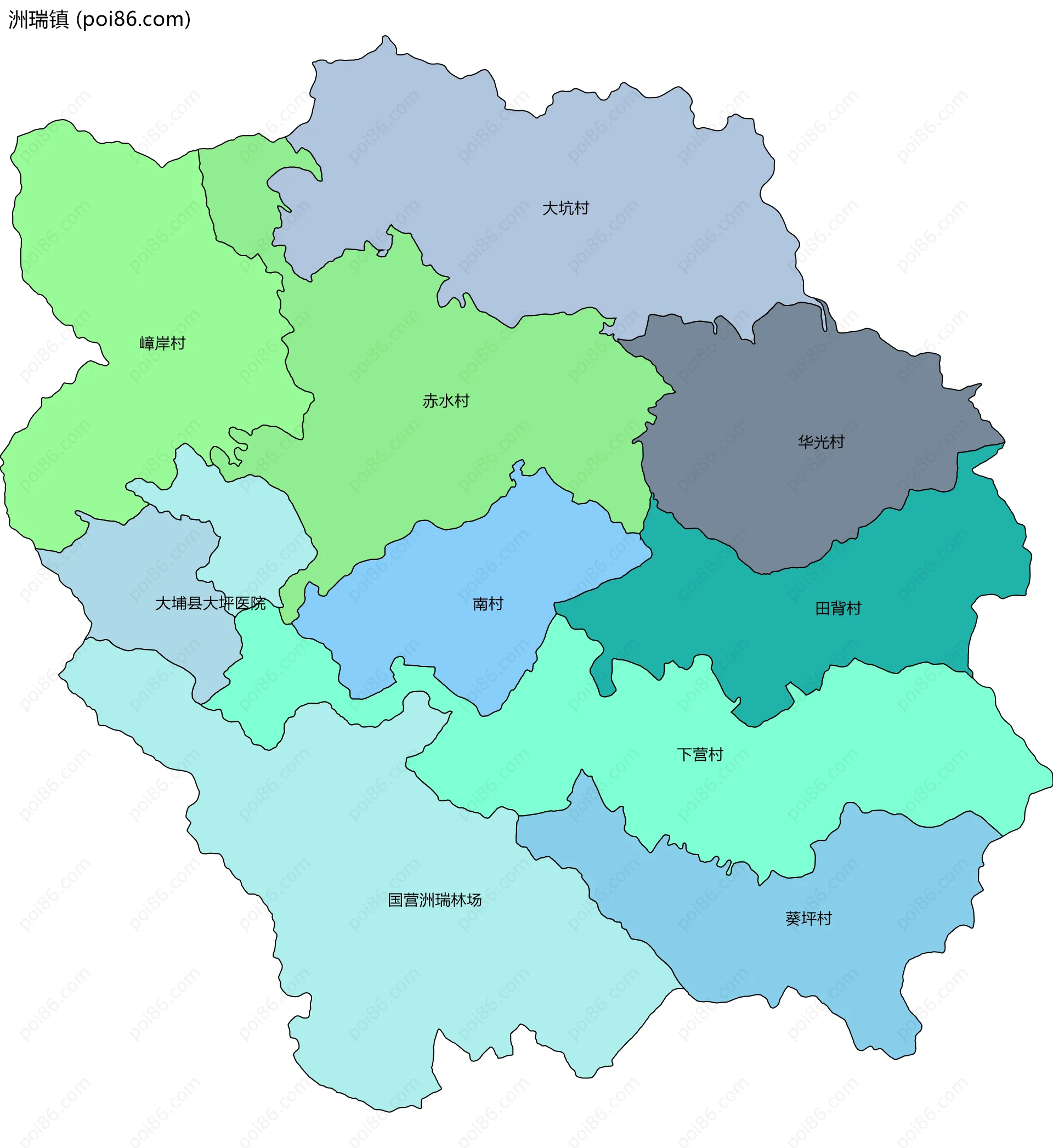 洲瑞镇边界地图(五级行政区划)