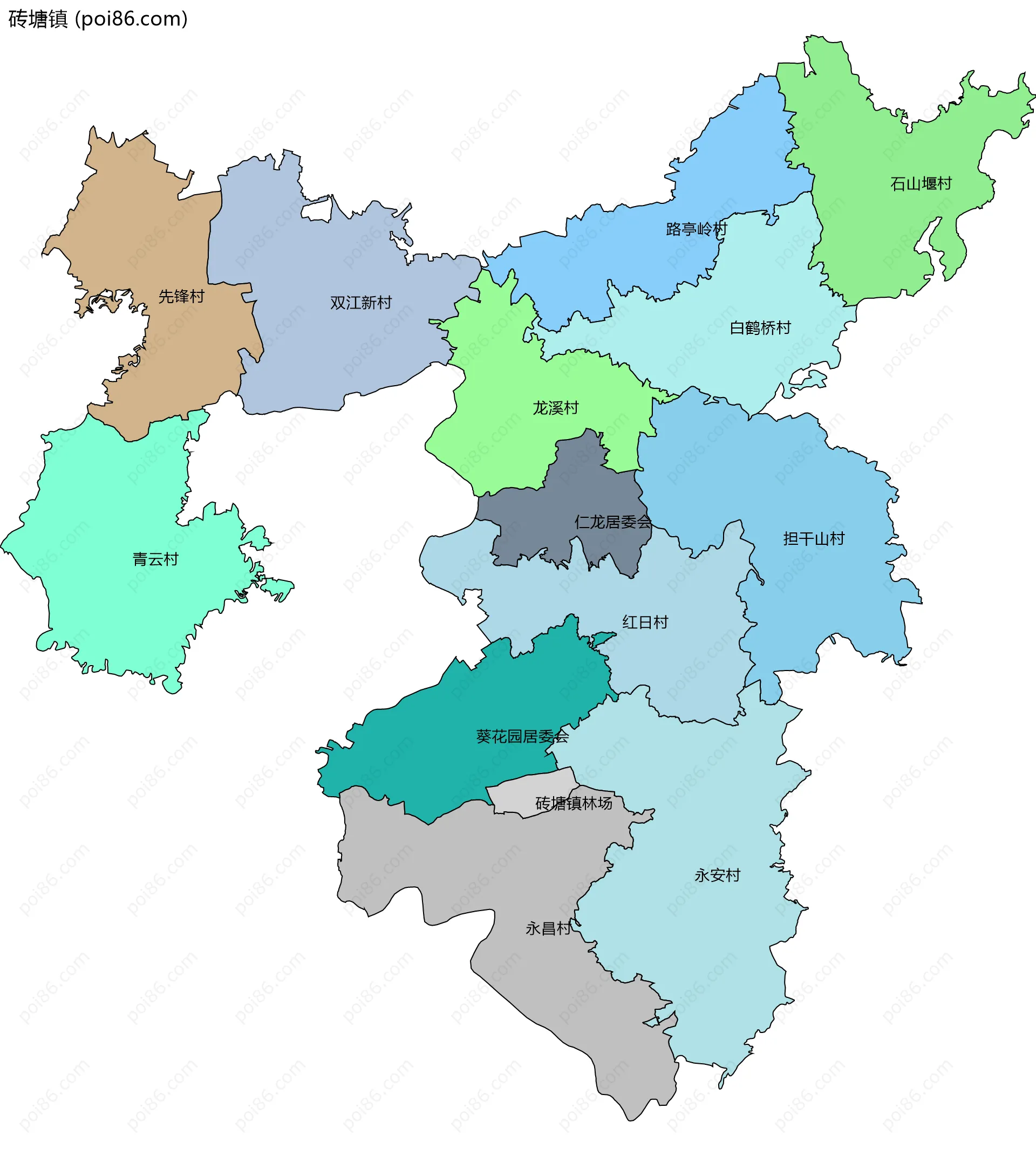 砖塘镇边界地图(五级行政区划)