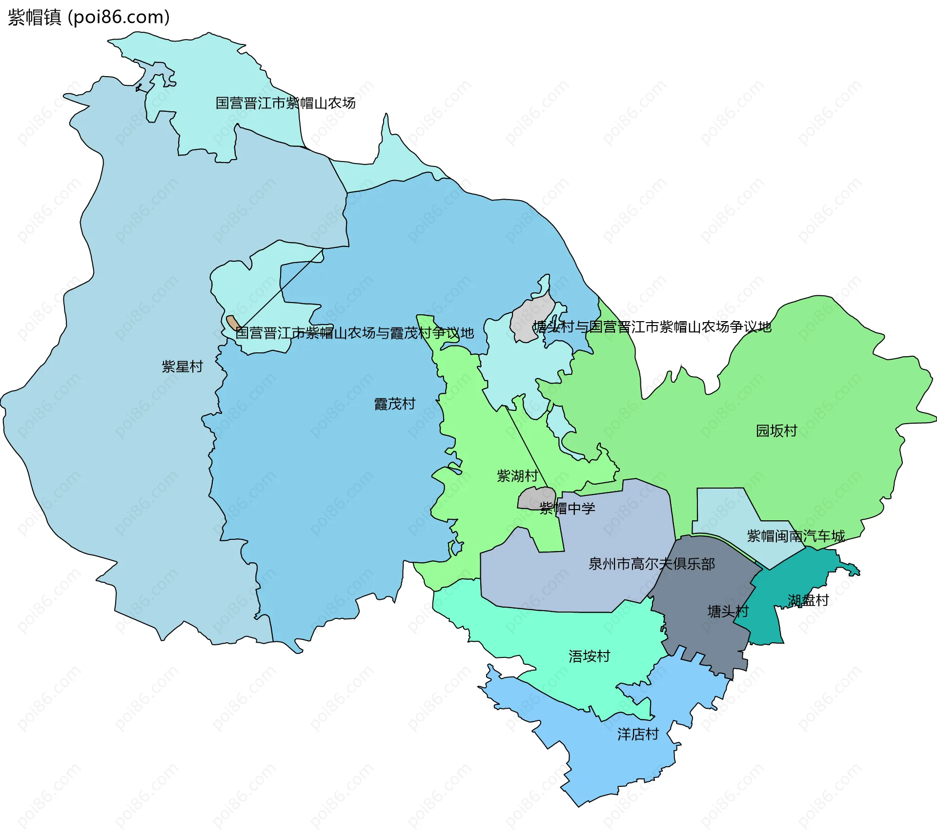 紫帽镇边界地图(五级行政区划)