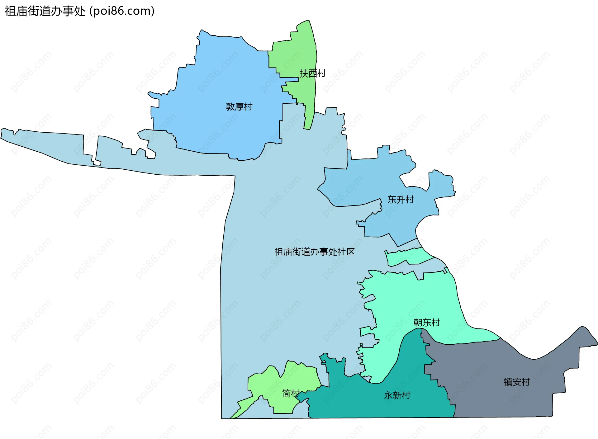 祖庙街道办事处边界地图(五级行政区划)