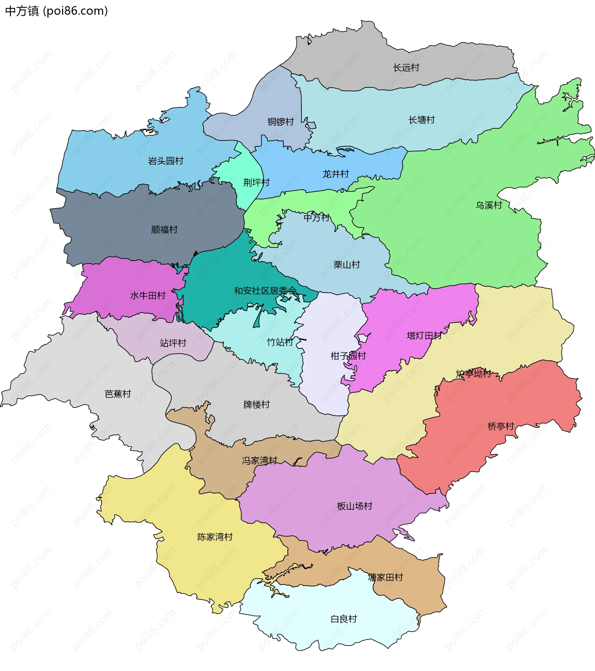 中方镇边界地图(五级行政区划)