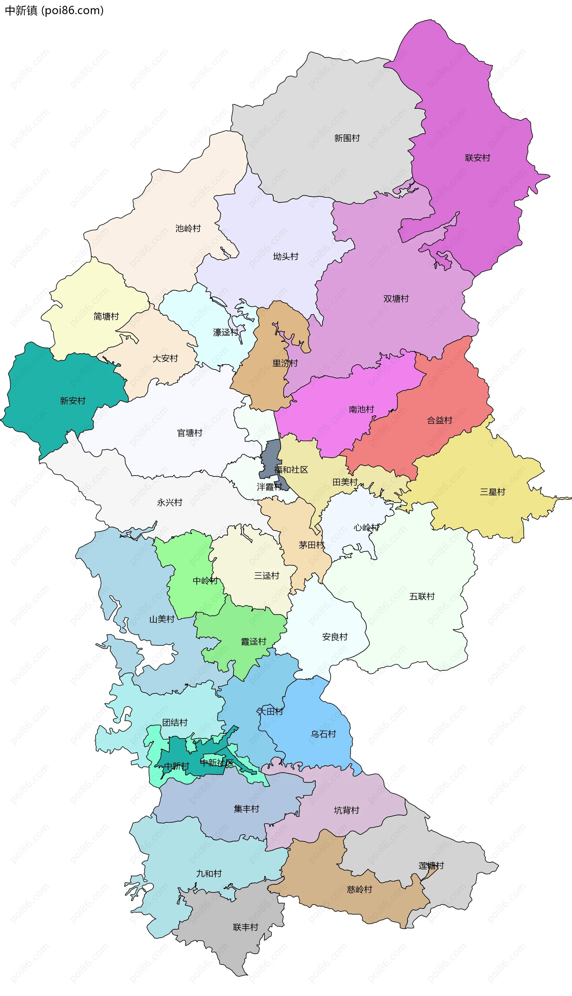 中新镇边界地图(五级行政区划)