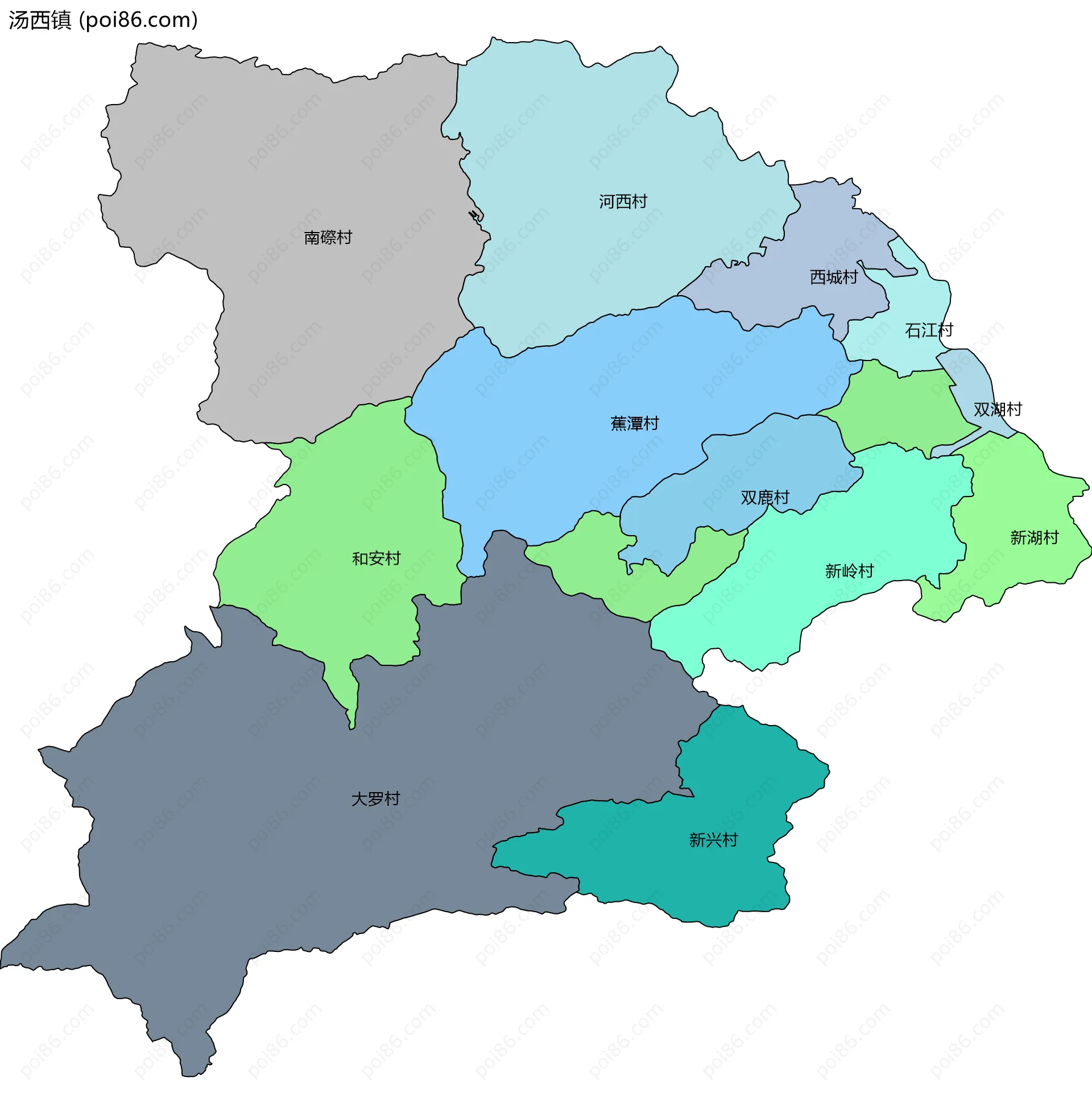 汤西镇边界地图(五级行政区划)