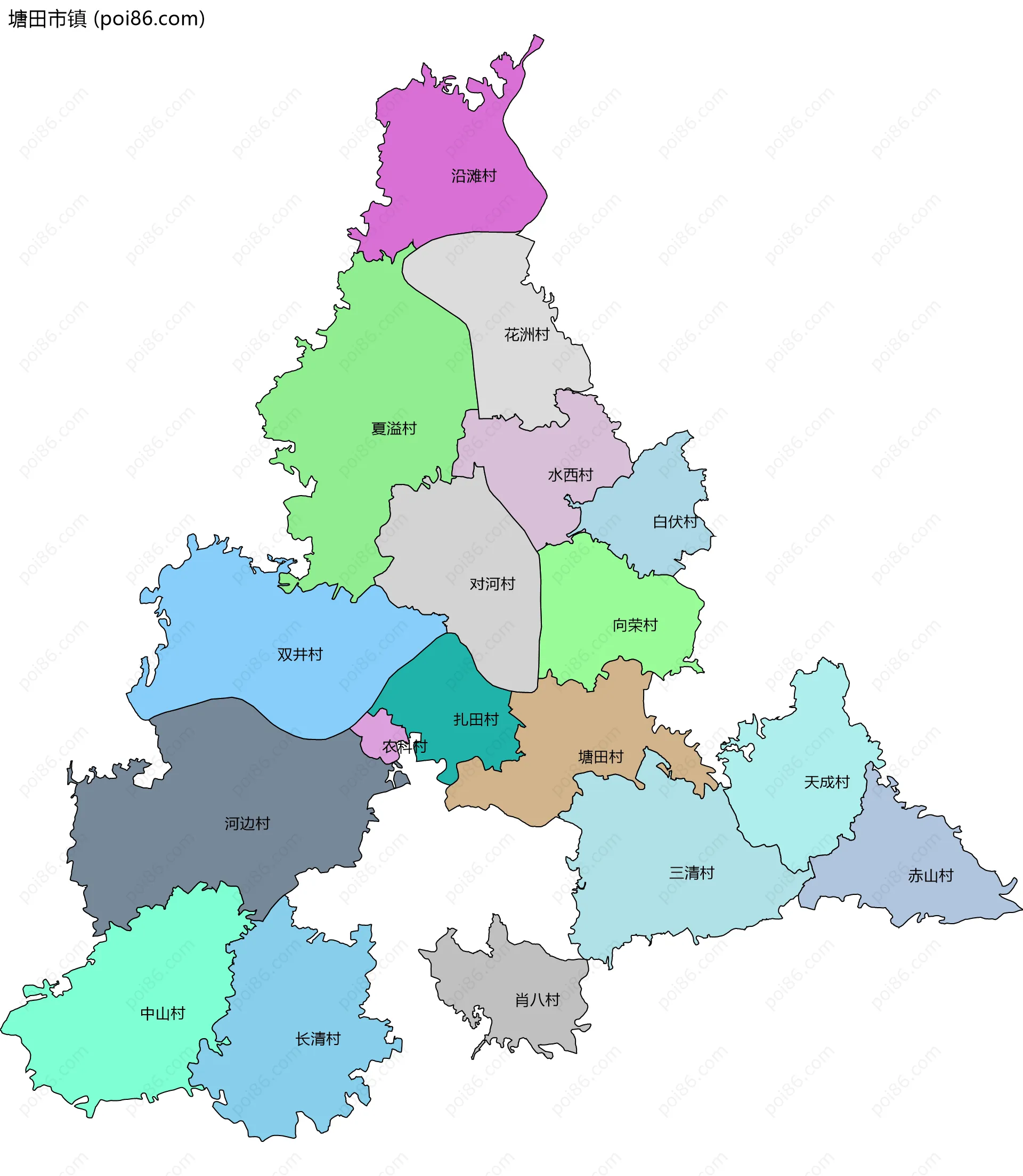 塘田市镇边界地图(五级行政区划)