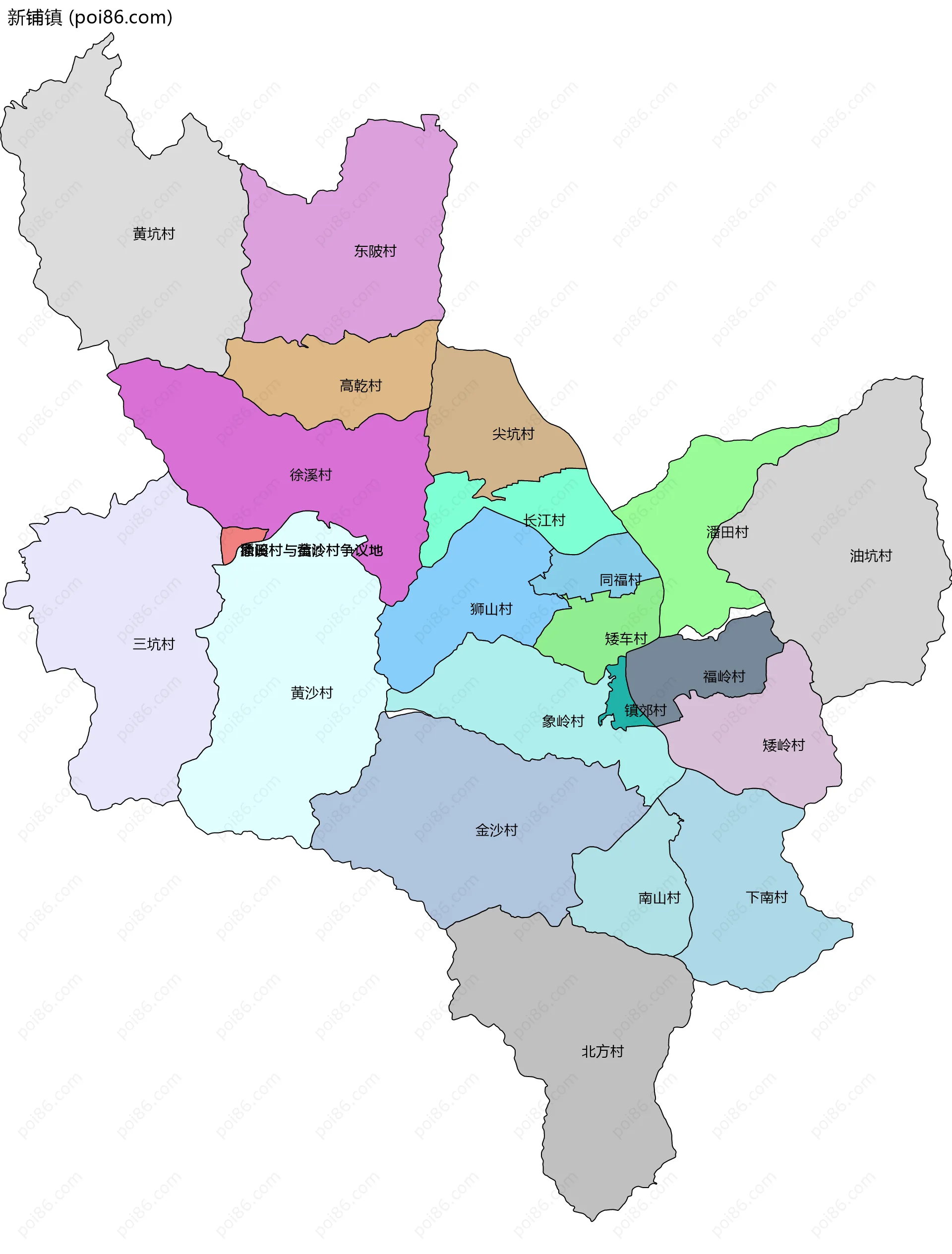 新铺镇边界地图(五级行政区划)