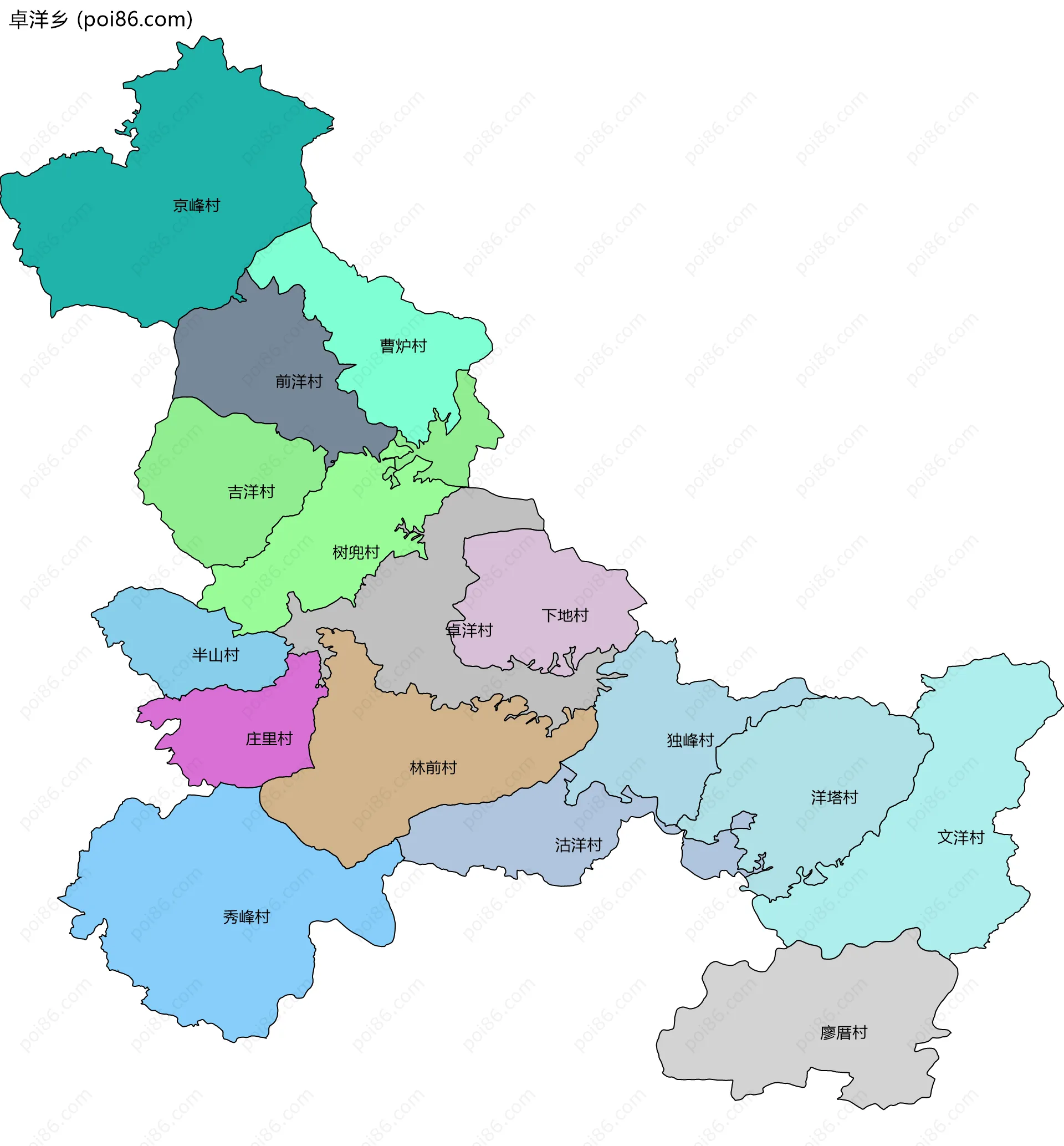 卓洋乡边界地图(五级行政区划)