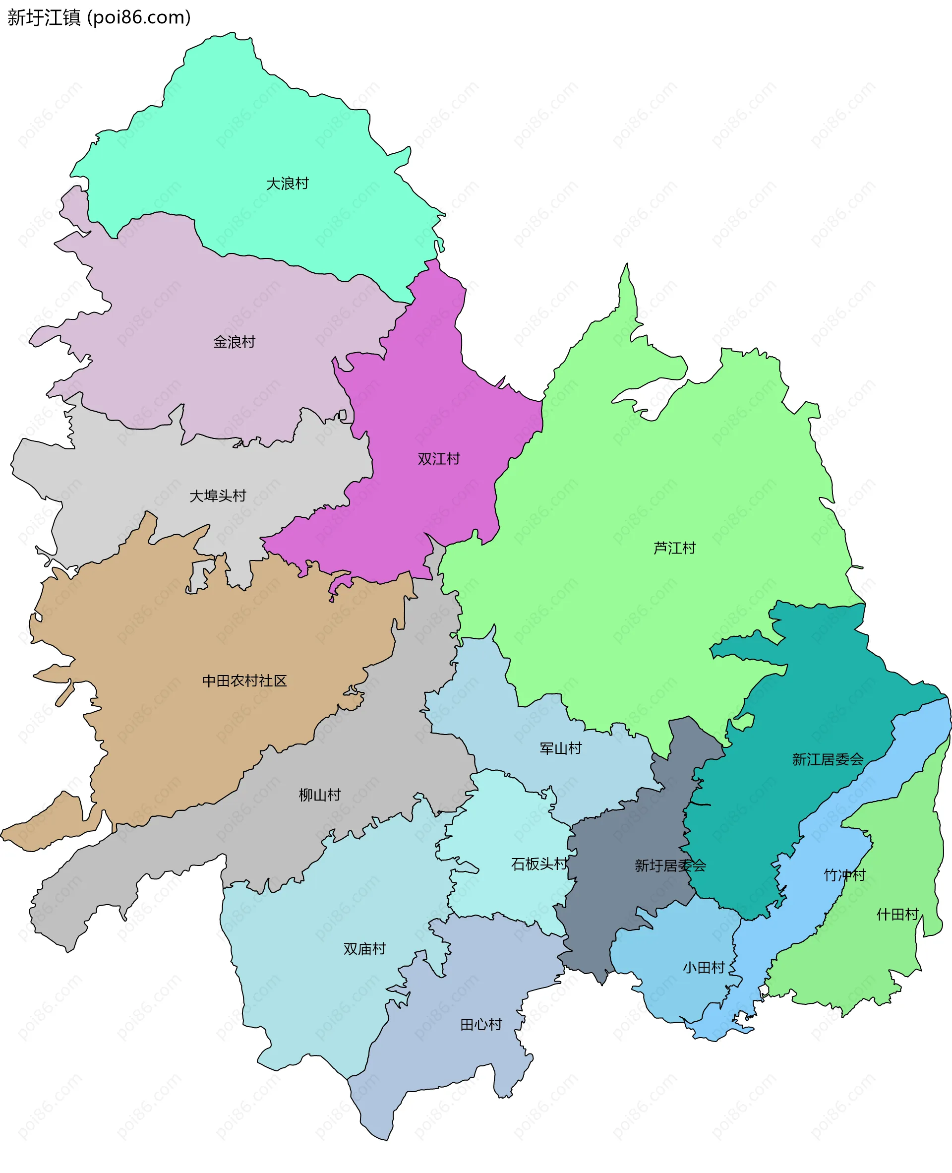 新圩江镇边界地图(五级行政区划)