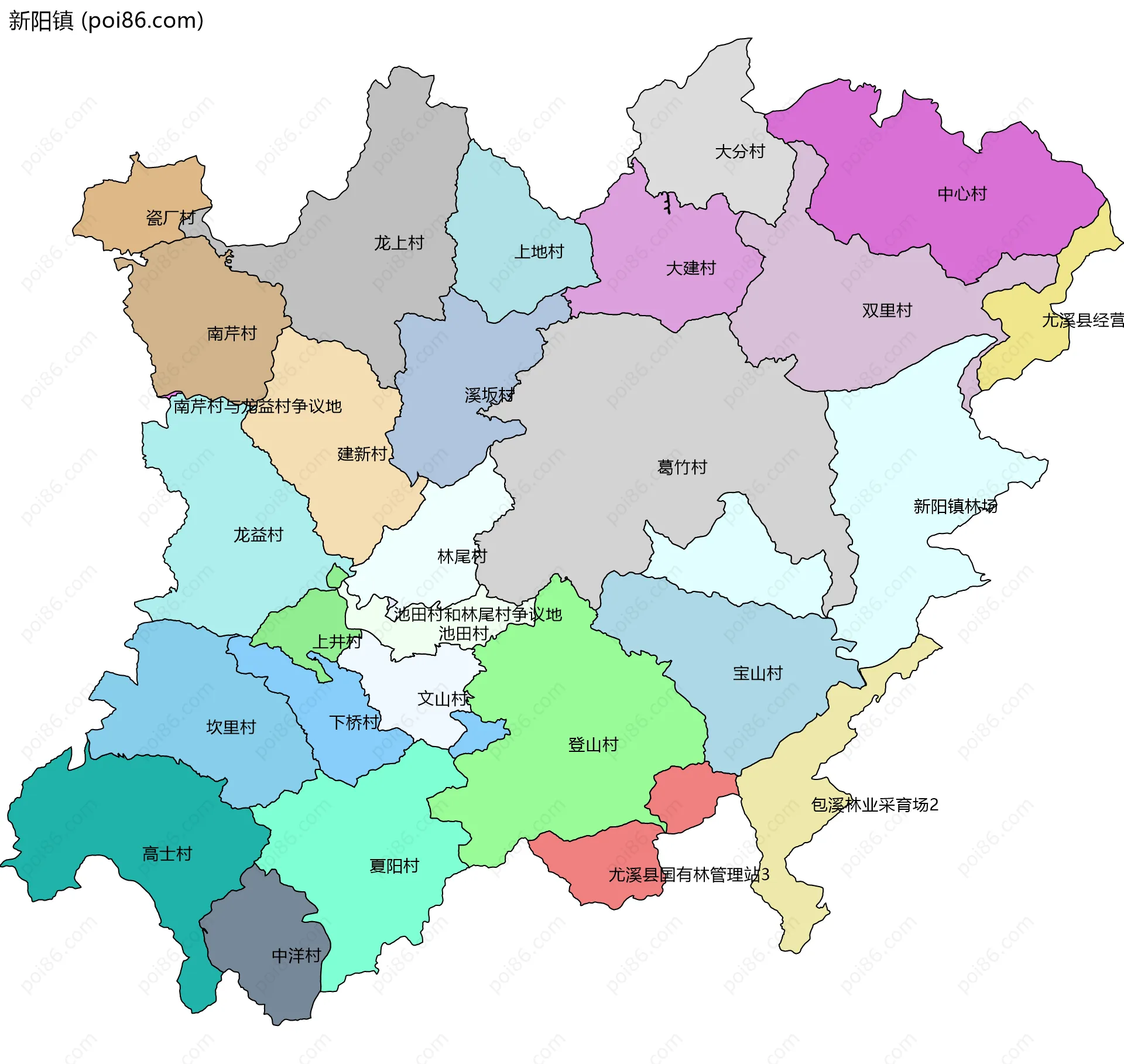 新阳镇边界地图(五级行政区划)