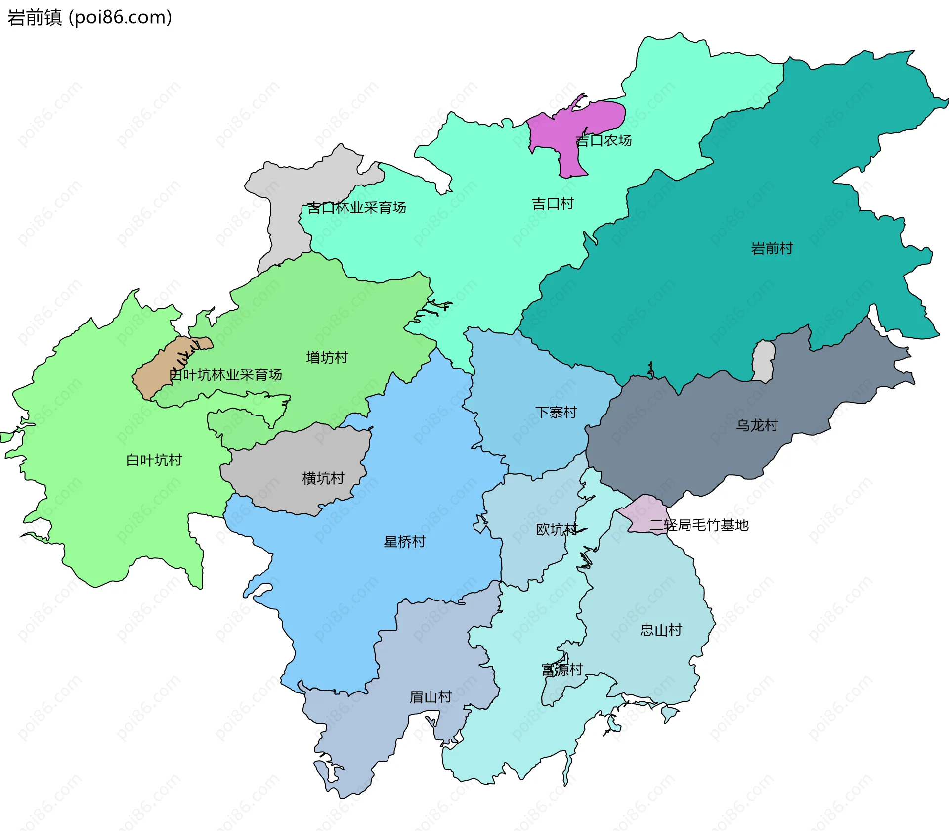 岩前镇边界地图(五级行政区划)