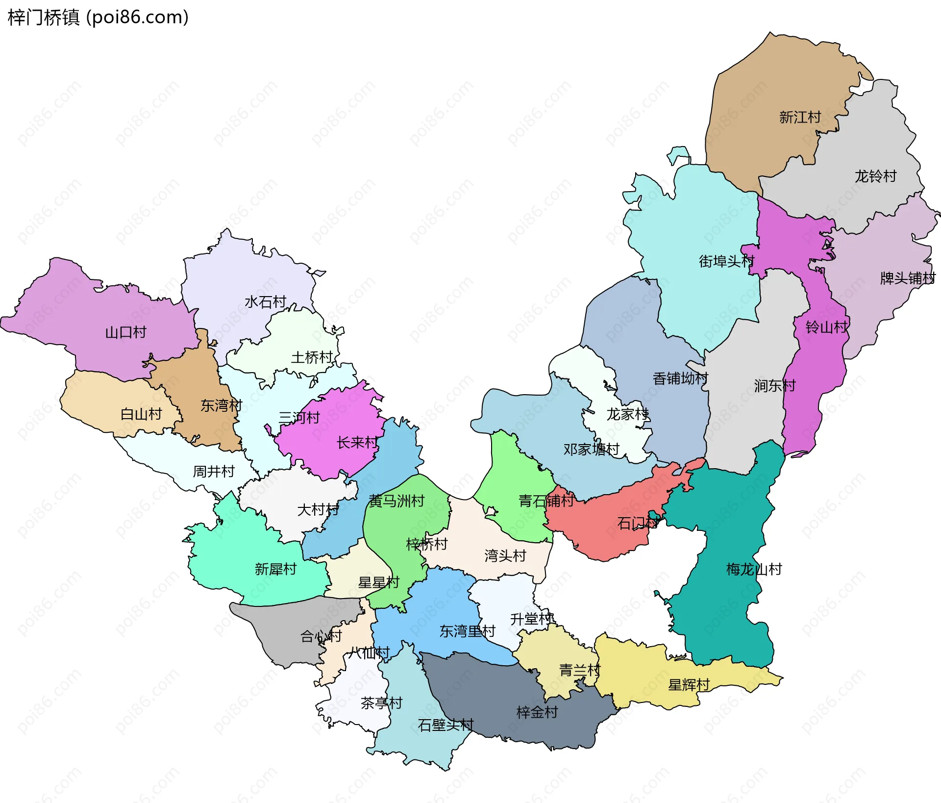 梓门桥镇边界地图(五级行政区划)
