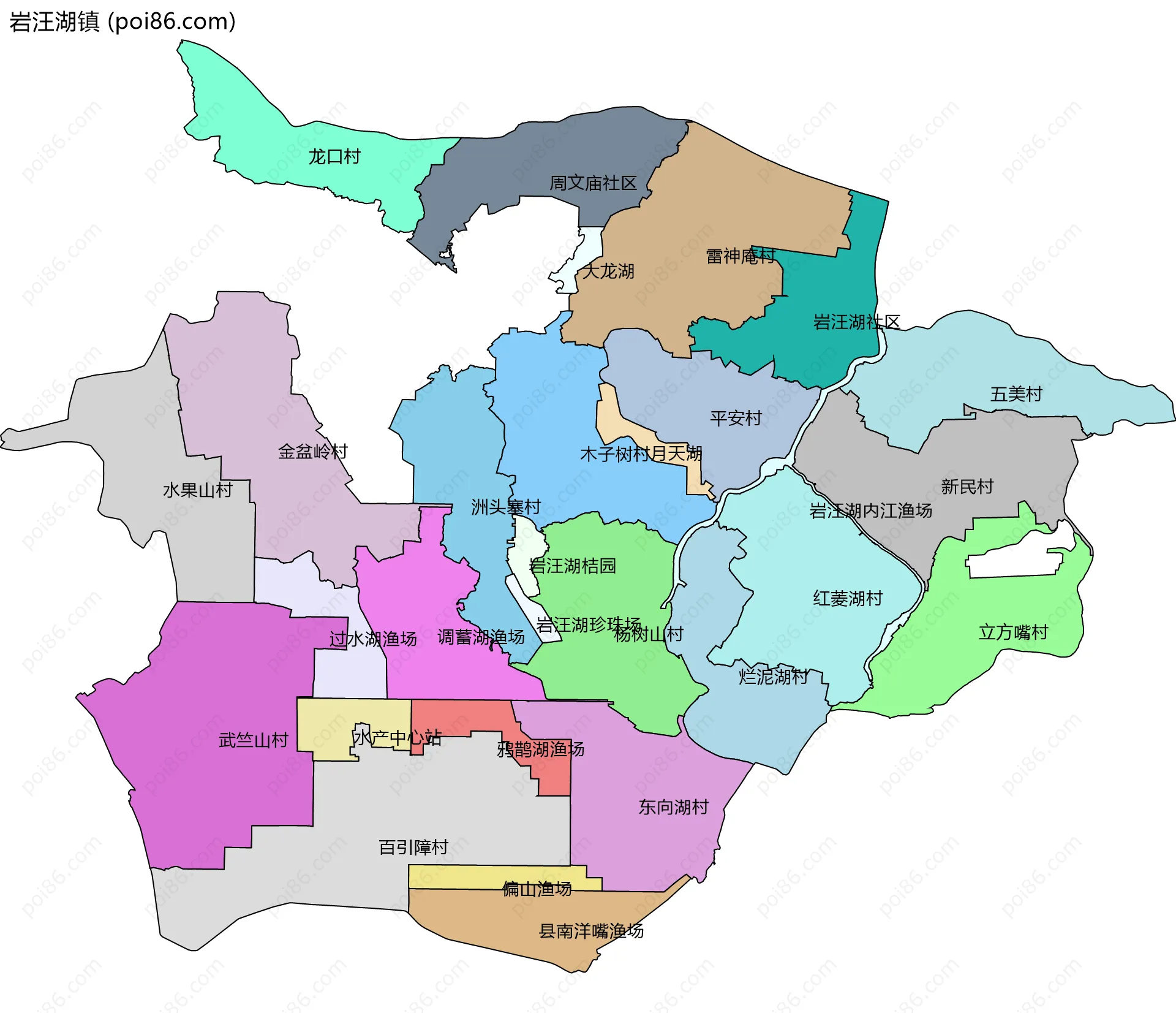岩汪湖镇边界地图(五级行政区划)