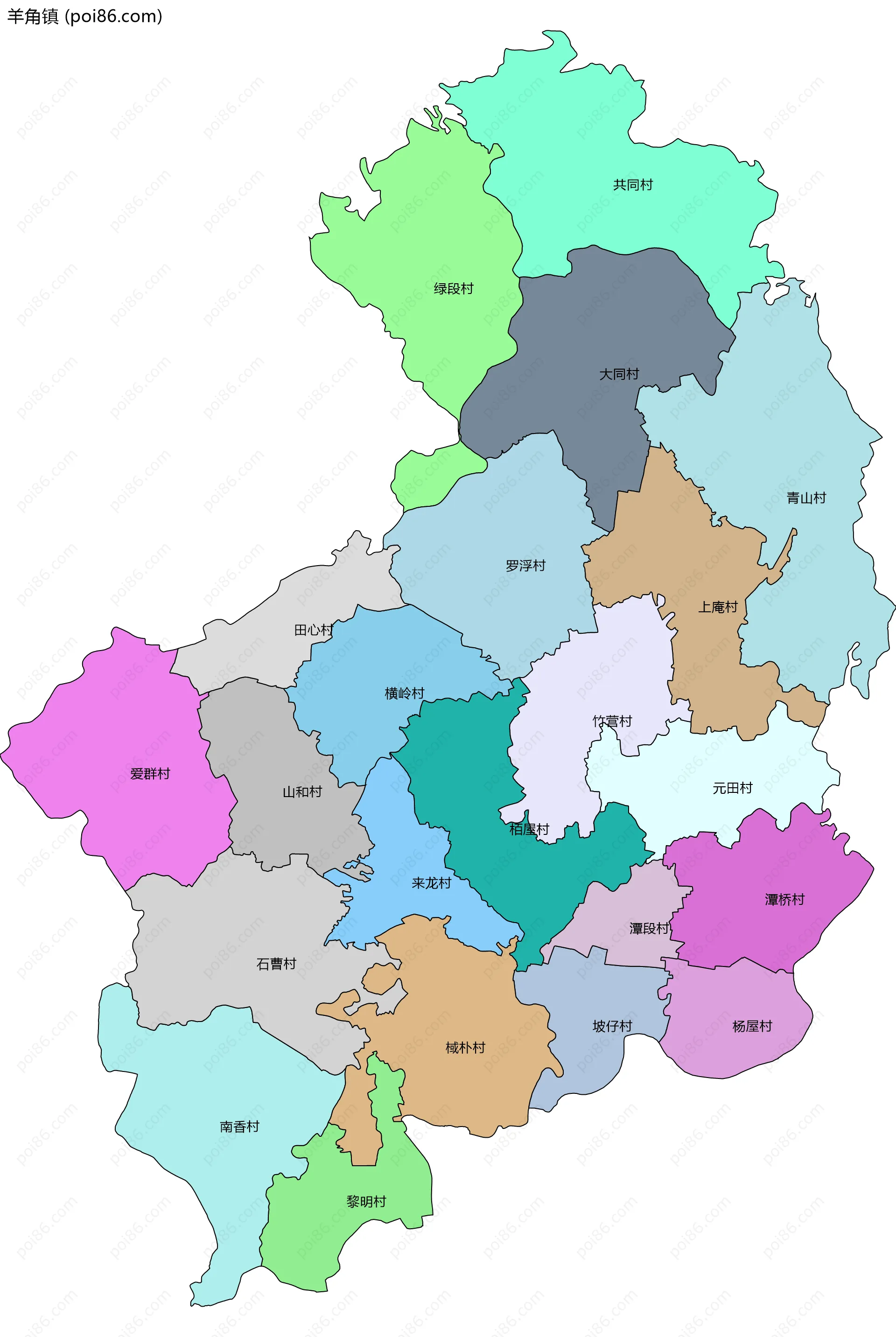 羊角镇边界地图(五级行政区划)