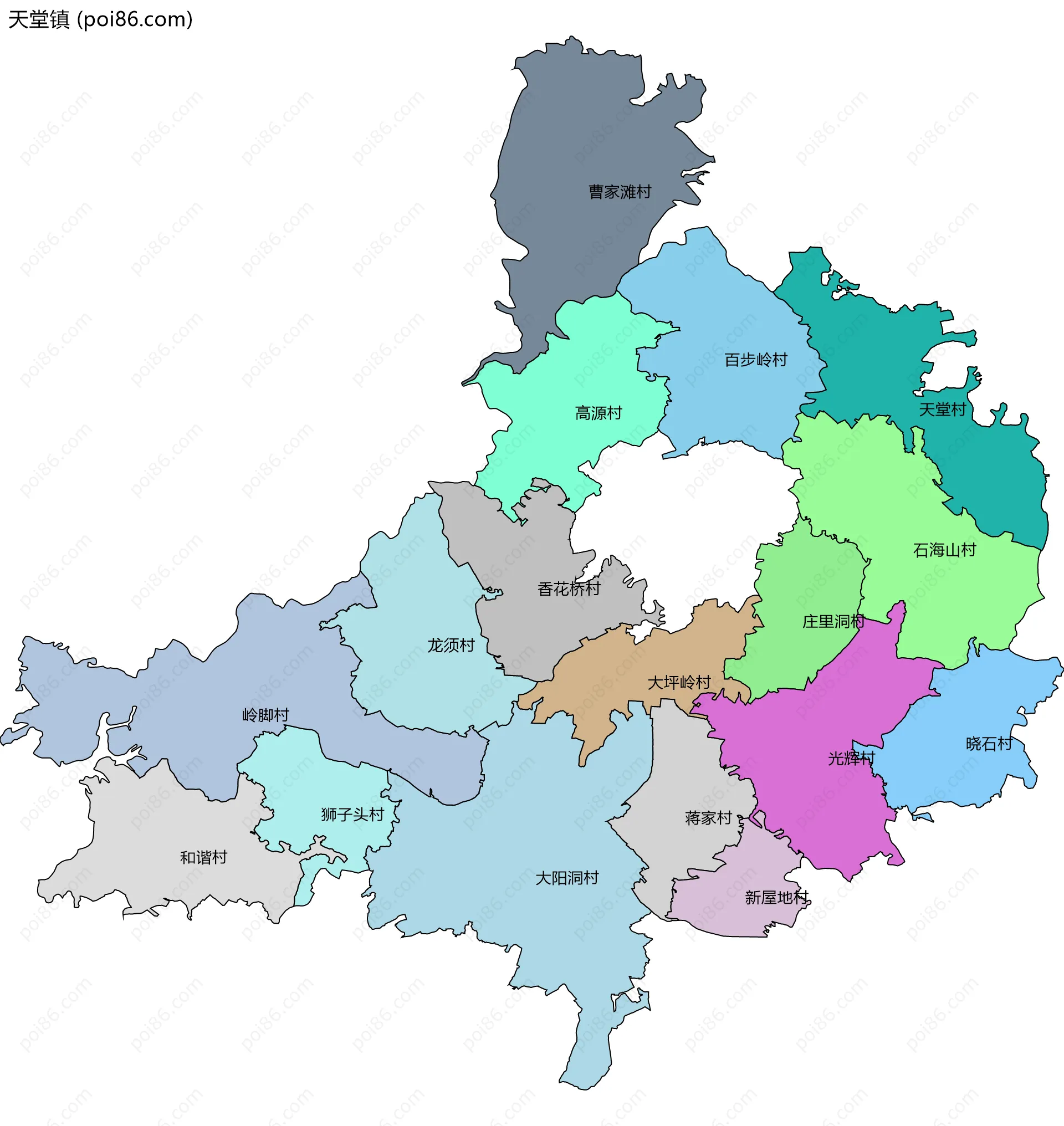 天堂镇边界地图(五级行政区划)