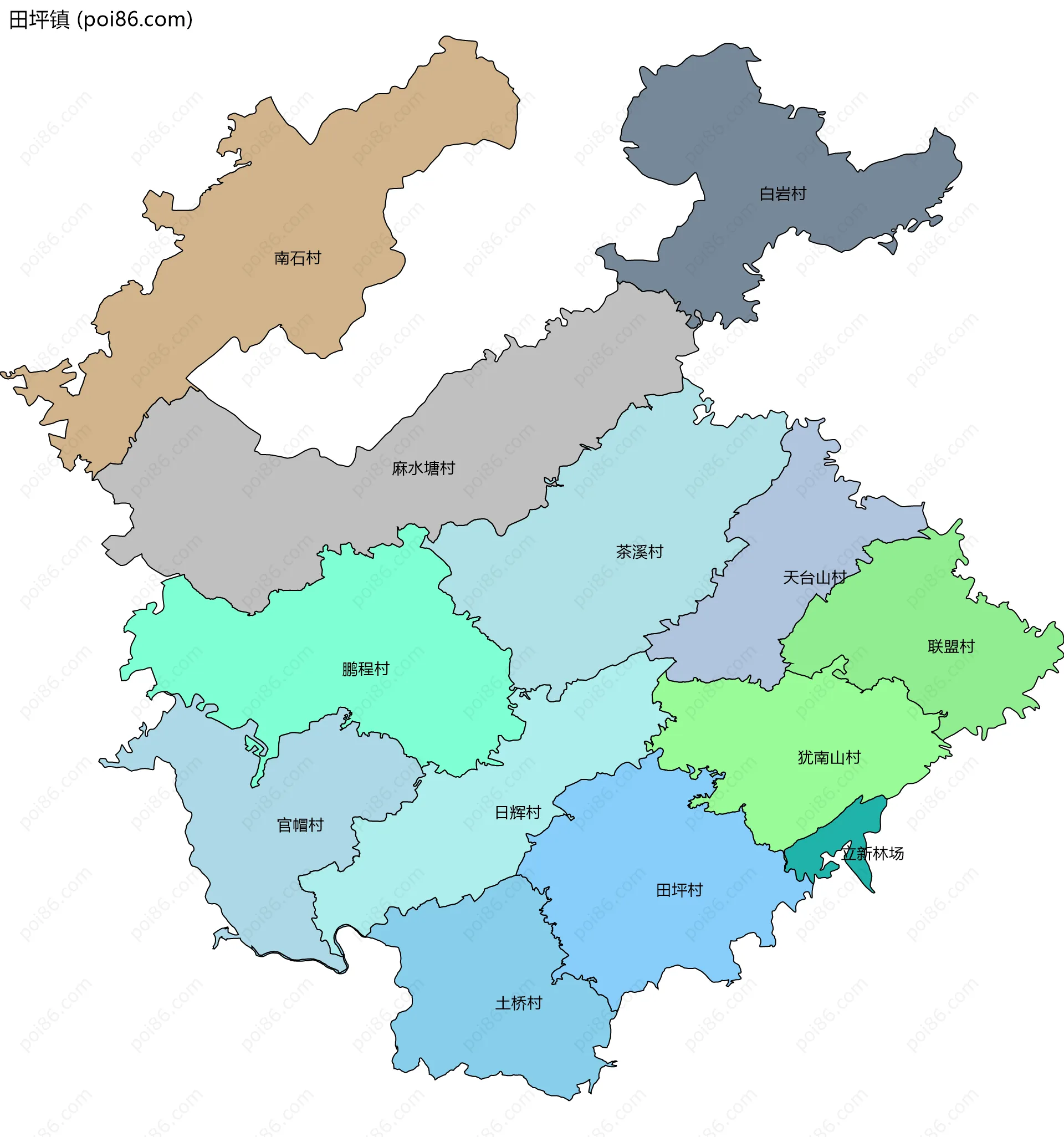 田坪镇边界地图(五级行政区划)