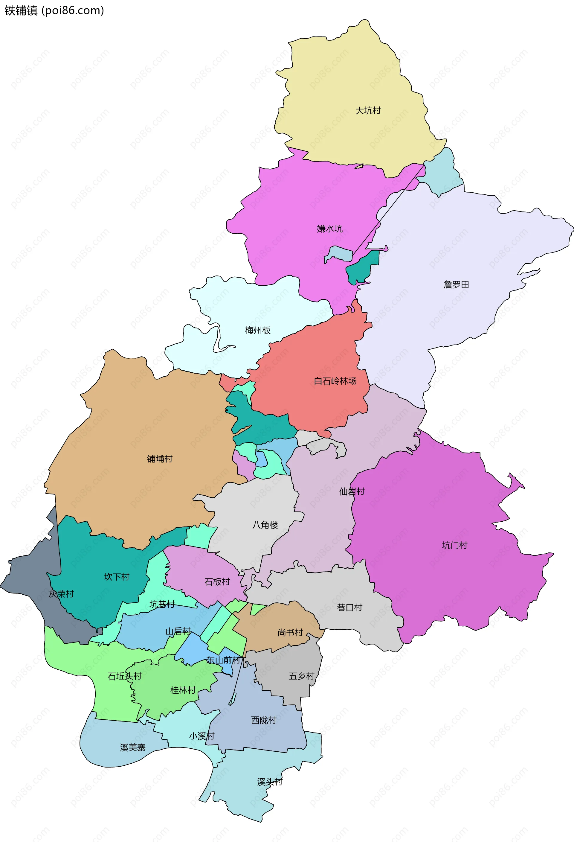 铁铺镇边界地图(五级行政区划)