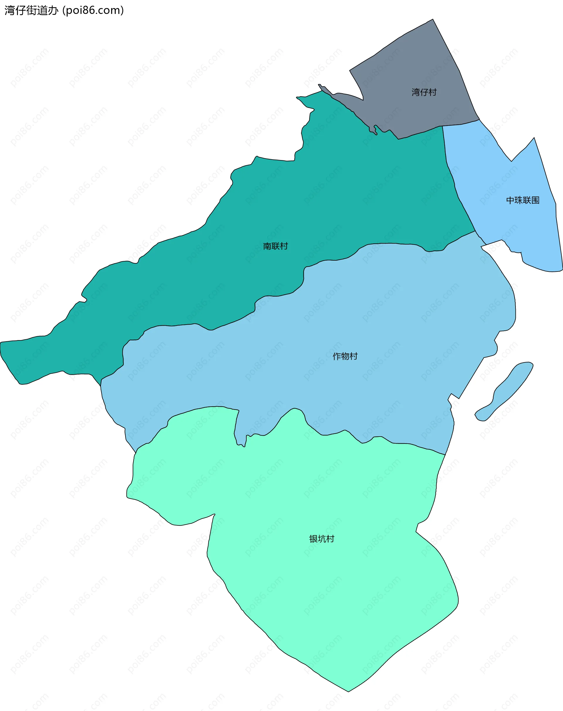 湾仔街道办边界地图(五级行政区划)