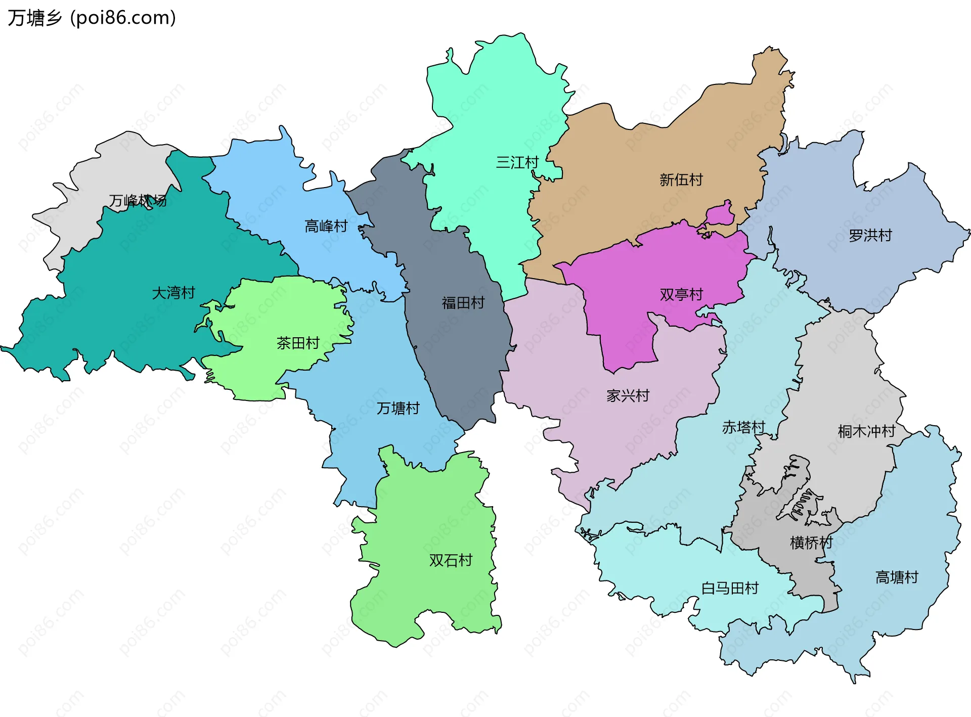 万塘乡边界地图(五级行政区划)