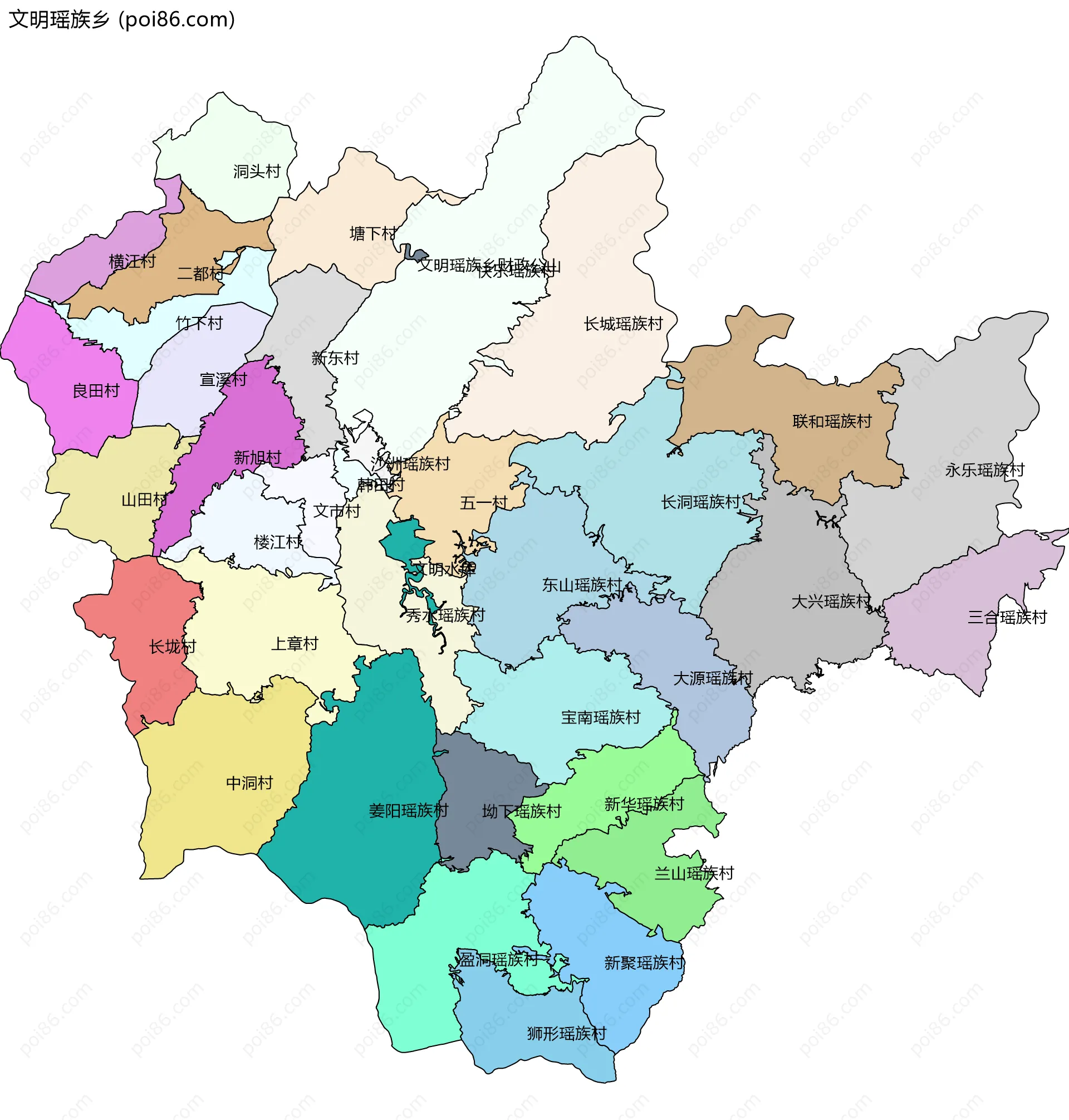 文明瑶族乡边界地图(五级行政区划)