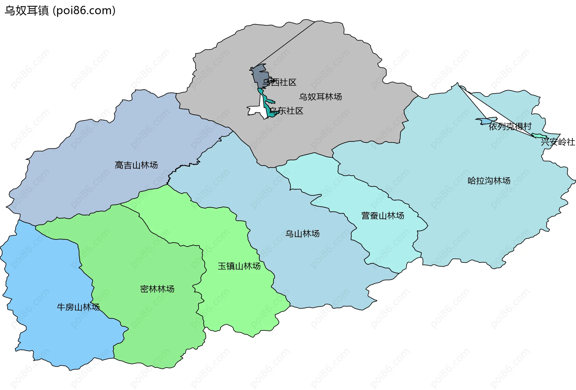 乌奴耳镇边界地图(五级行政区划)