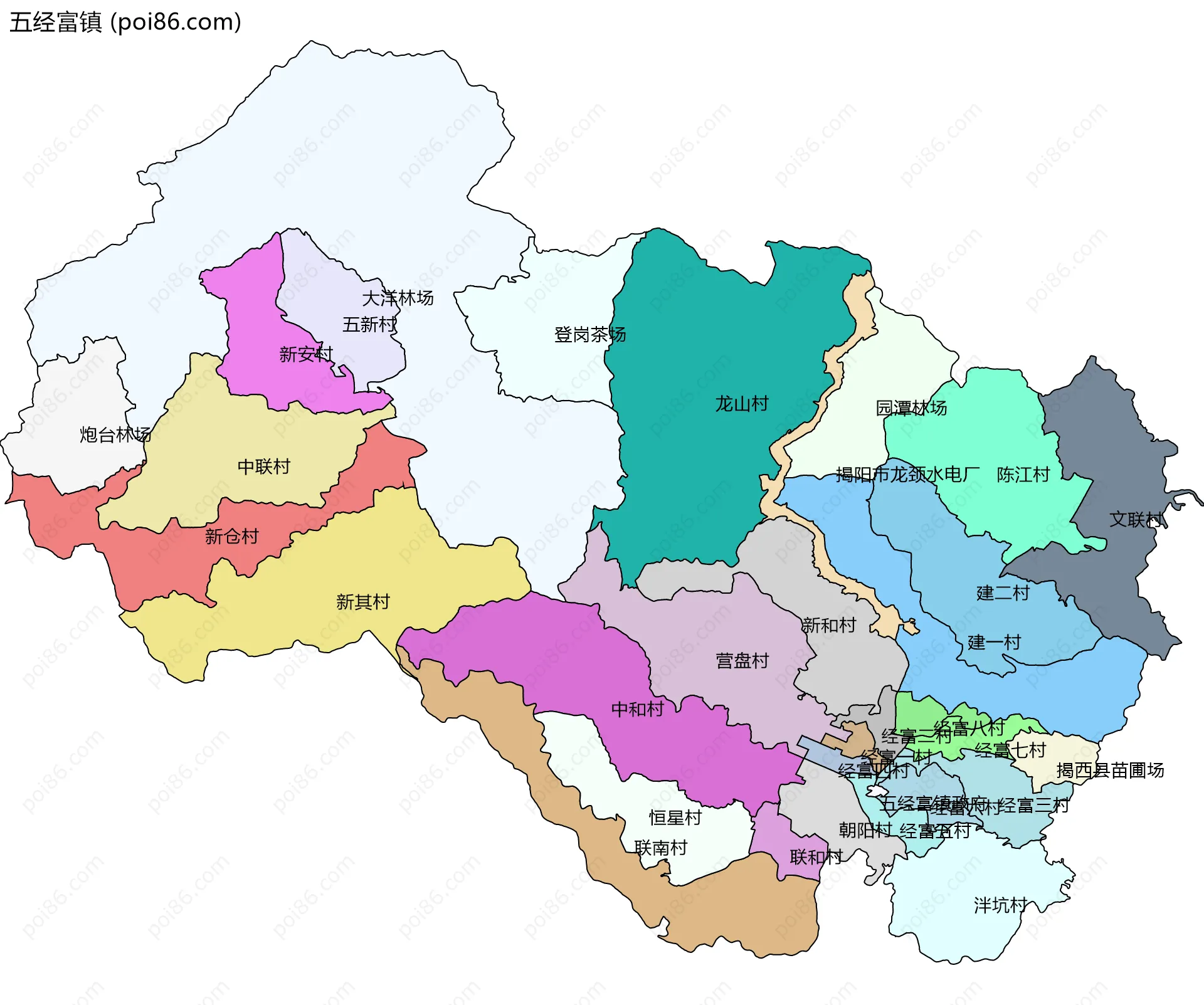 五经富镇边界地图(五级行政区划)