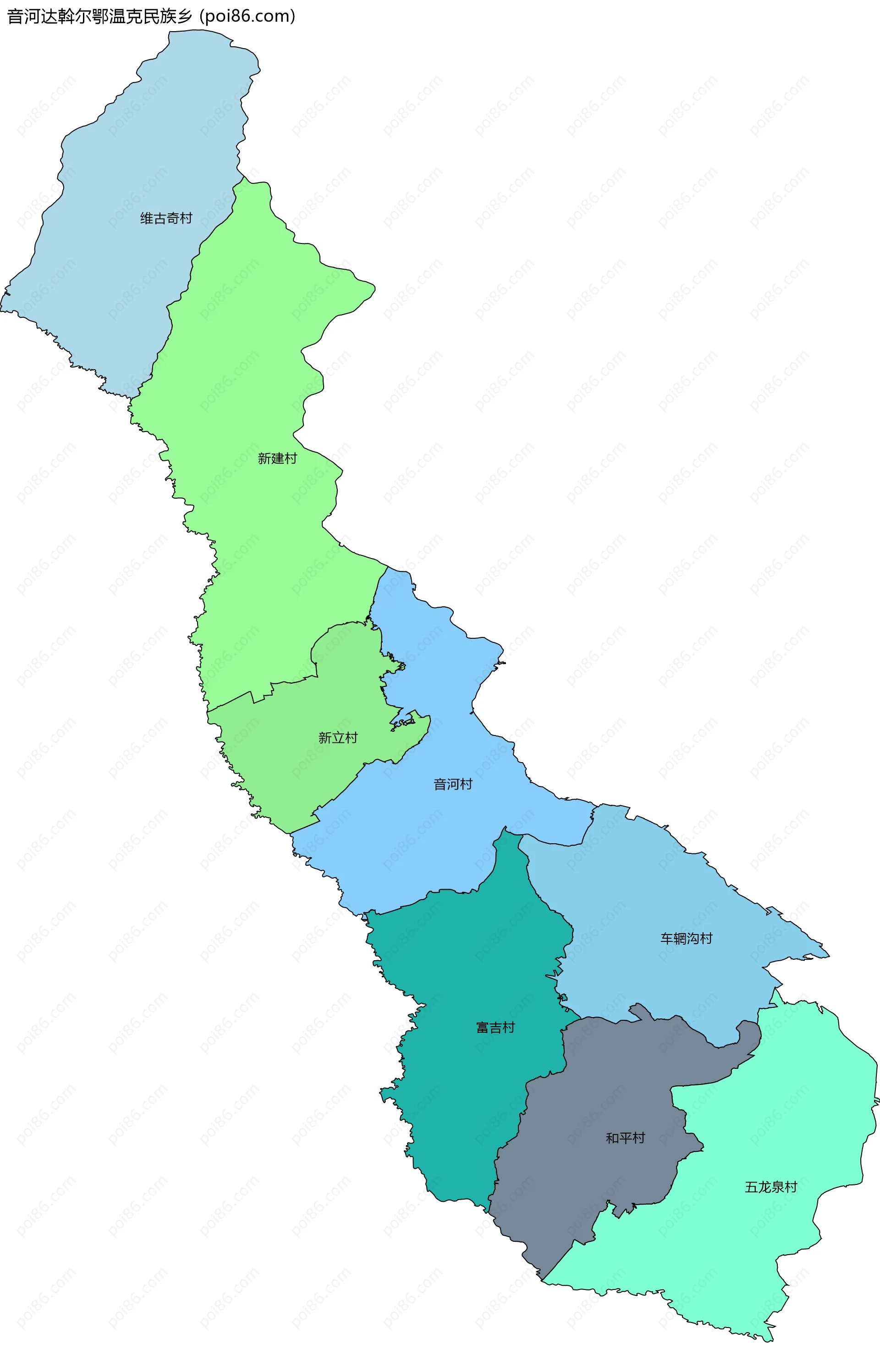 音河达斡尔鄂温克民族乡边界地图(五级行政区划)