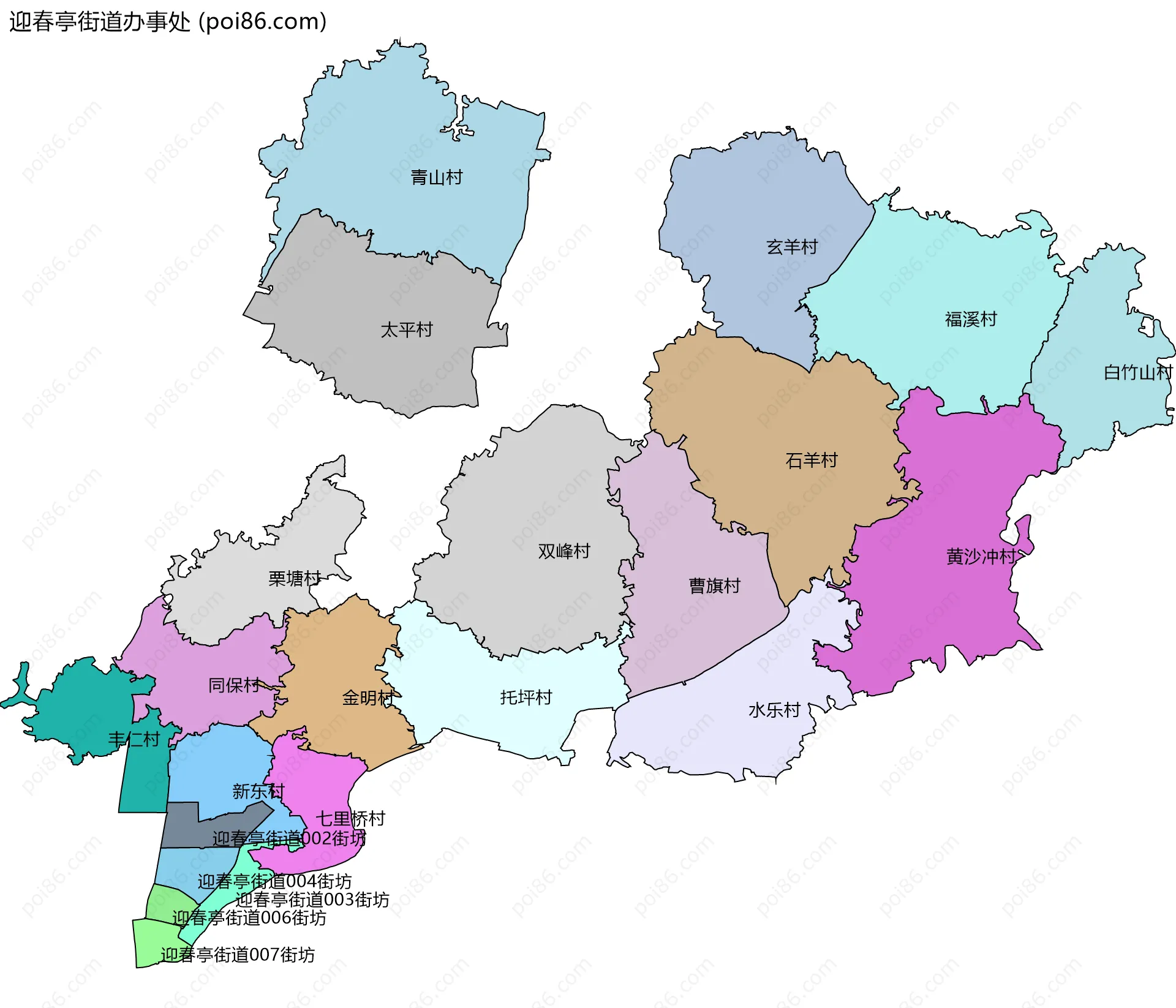 迎春亭街道办事处边界地图(五级行政区划)
