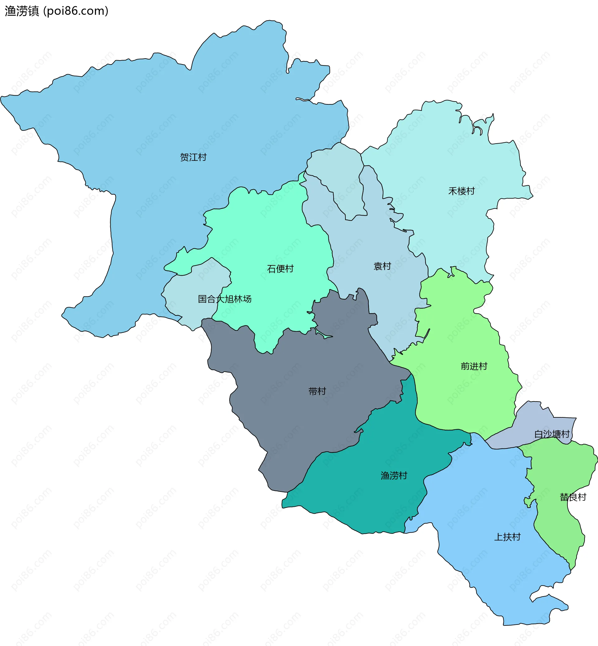 渔涝镇边界地图(五级行政区划)